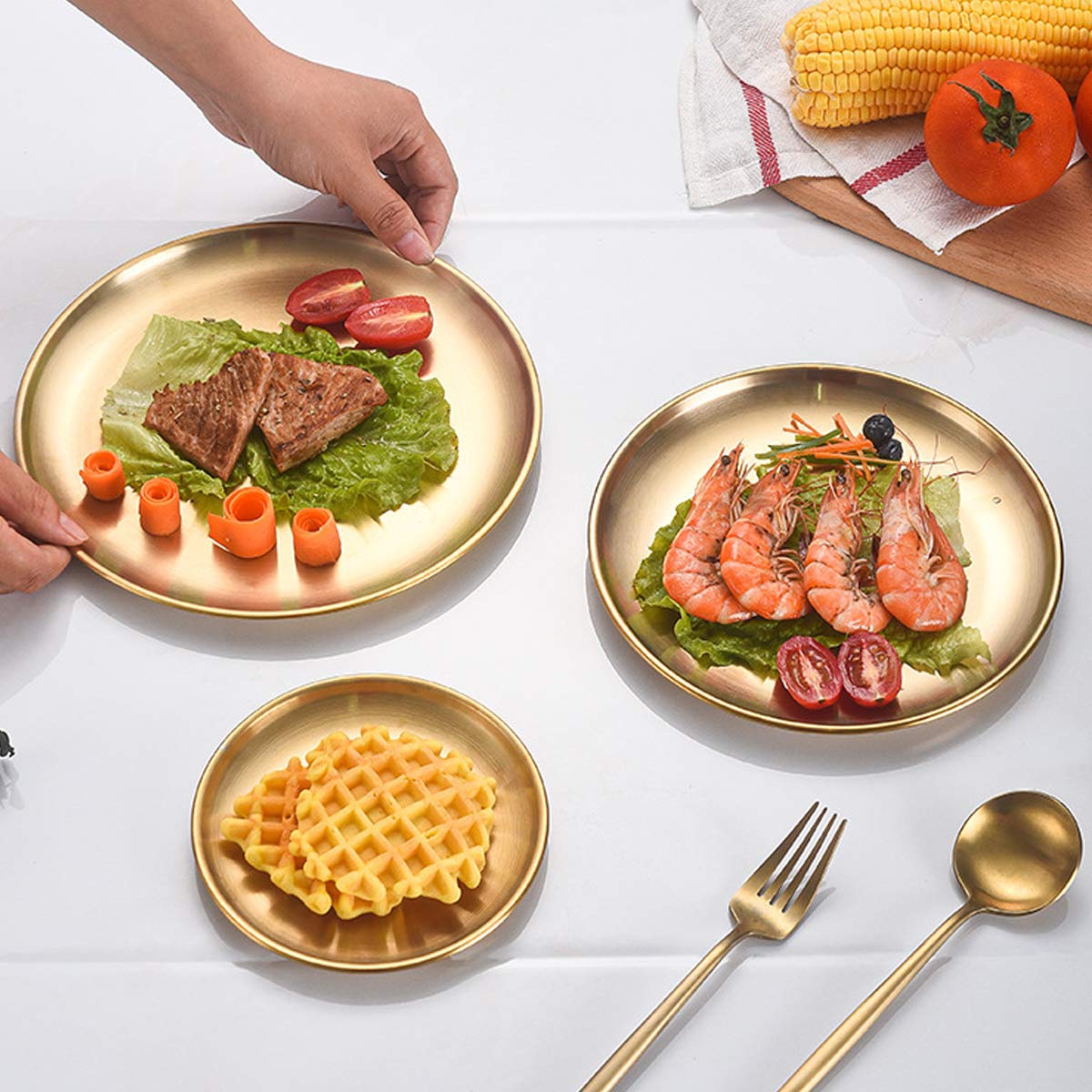 Premium 13.5 Inch Stainless Steel Gold Plates - 2-Pack Lightweight Unbreakable Dinner Plates for Camping, Picnic & Outdoor Dining | Dishwasher Safe & Shatterproof Serving Dishes | Perfect for BBQs, Parties & RV Travel