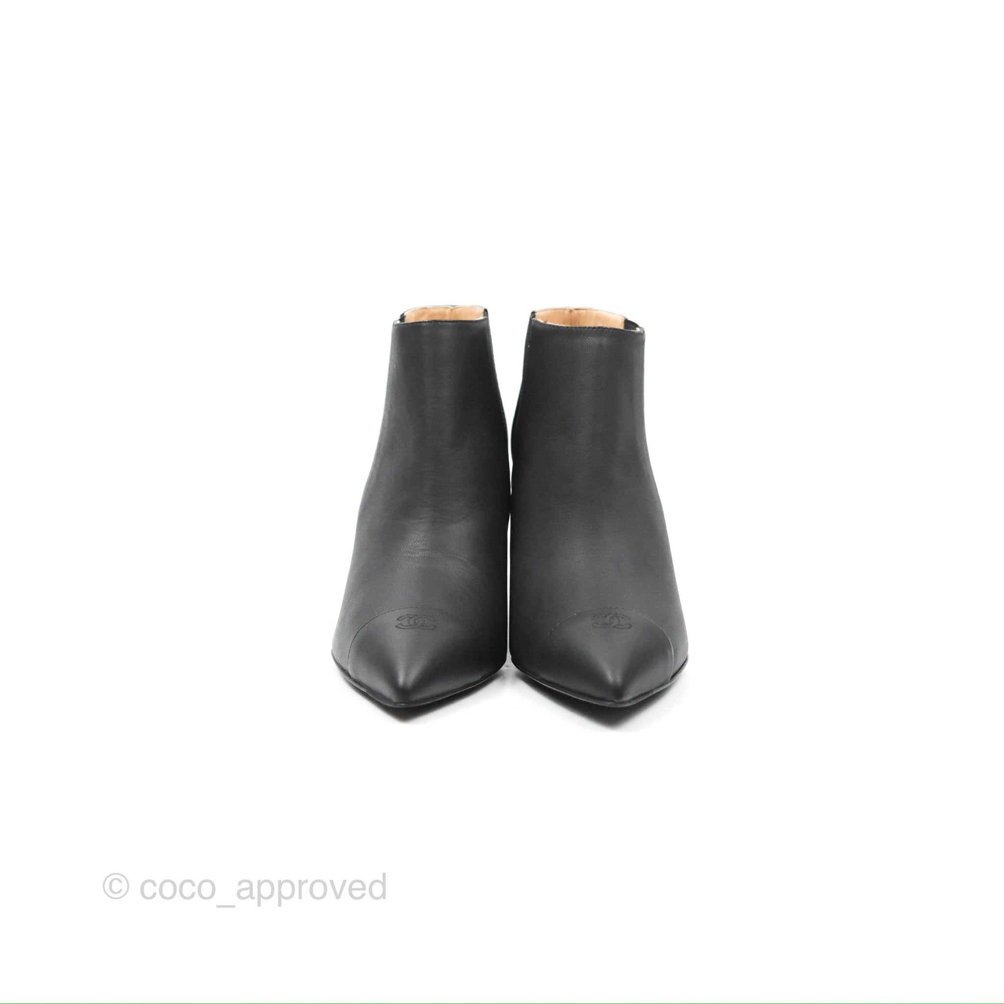 Chanel CC Pointy Toe Chain Wedge Ankle Boots Black Leather Women's Shoes - Perfect for Evening Parties, Date Nights & Fashion Events