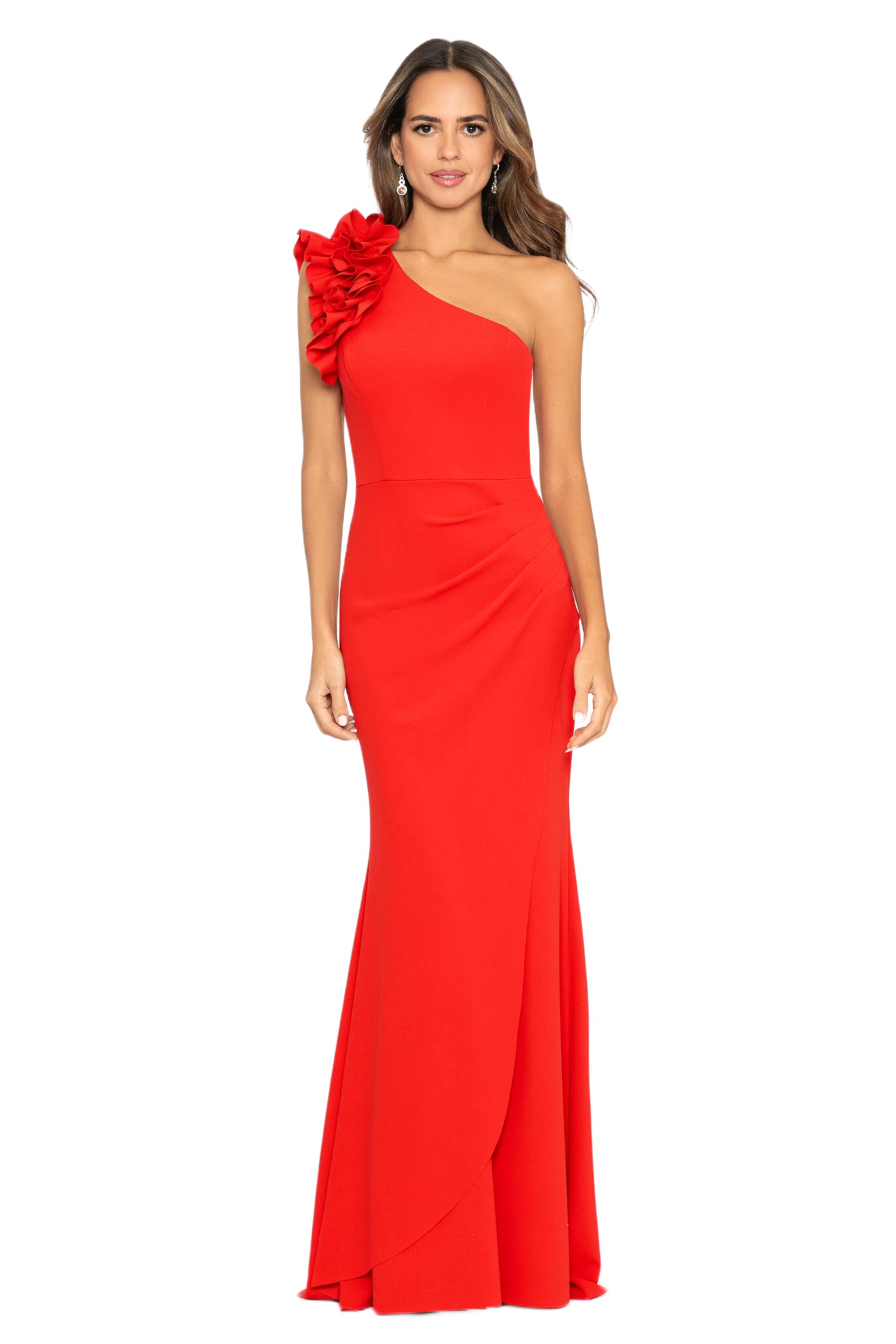 Xscape Women's Long One Shoulder Ruffle Scuba Crepe Dress - Standard & Petite Sizes - Perfect for Evening Parties, Weddings & Special Occasions