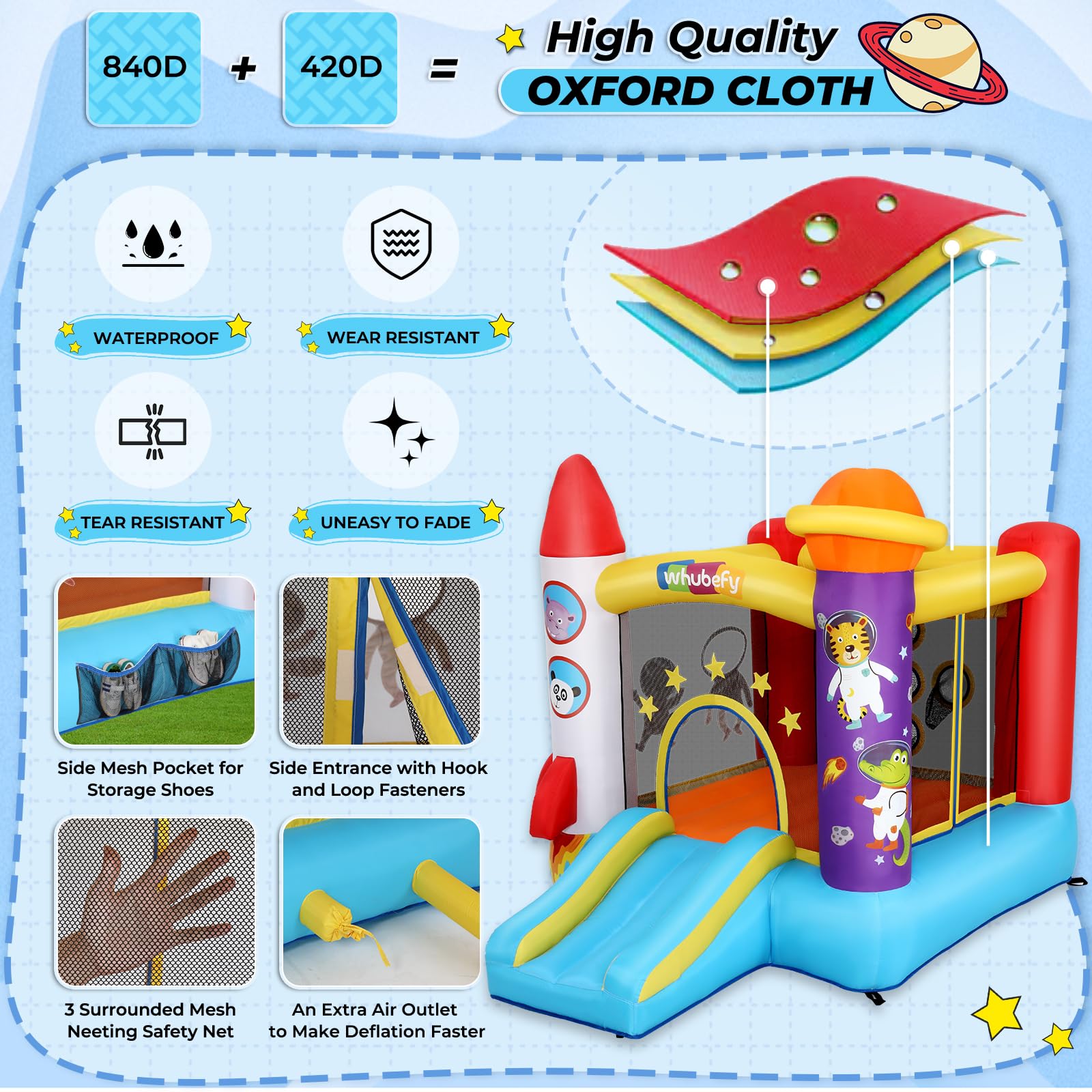 Inflatable Bounce House for Kids 2-8 Years - Astronaut Theme with Slide, Pitching Game & Photo Backdrop - 106