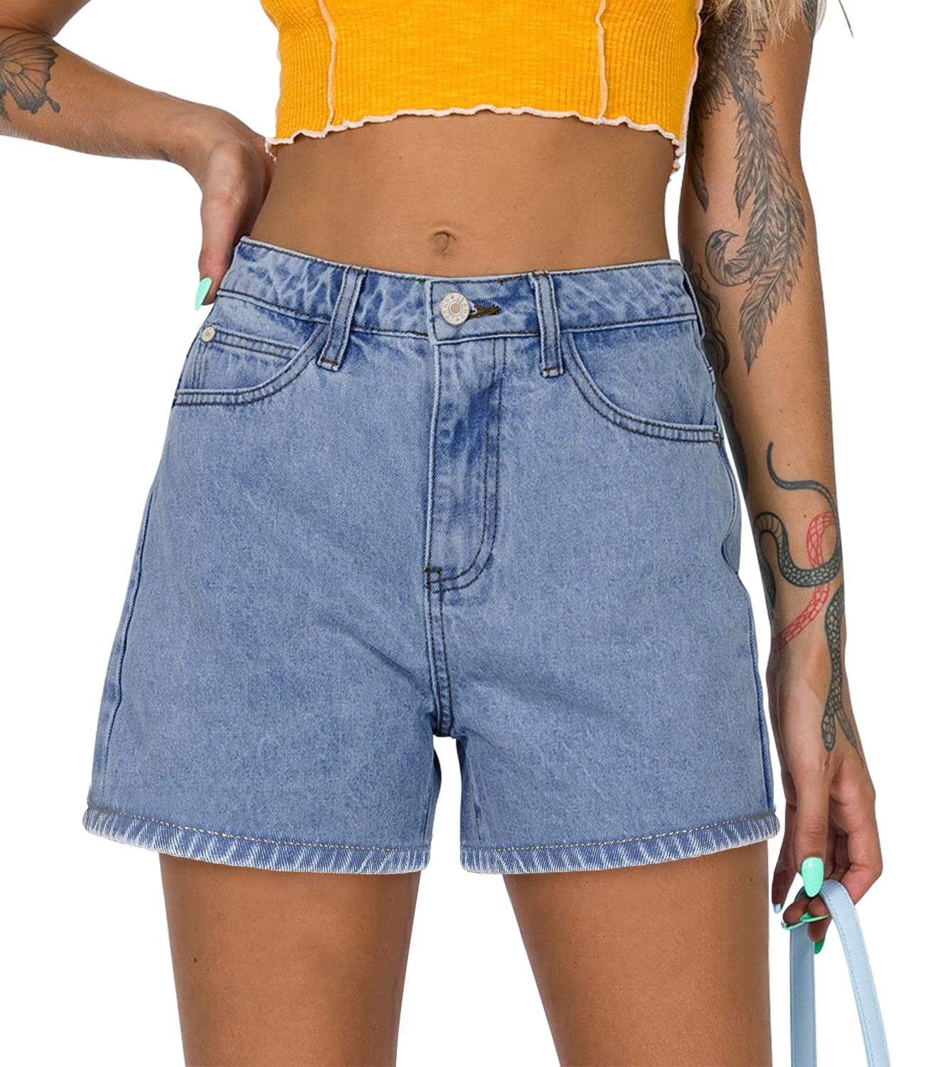 Stylish Women's Mid-High Waisted Ripped Denim Jean Shorts - Stretchy Summer Cutoff Short Pants for Casual Outings & Beach Vacations