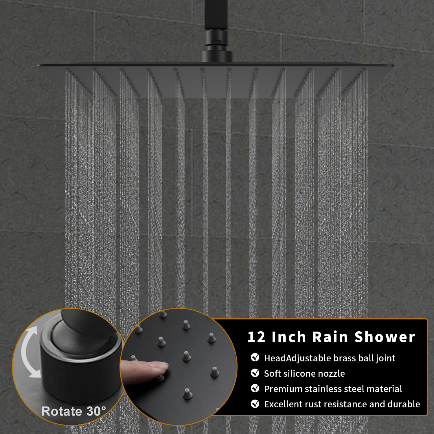 AYIVG 12 Inch Black Ceiling Rainfall Shower System with 6 Body Spray Jets - Modern Bathroom Mixer Shower Set for Luxurious Spa Experience at Home