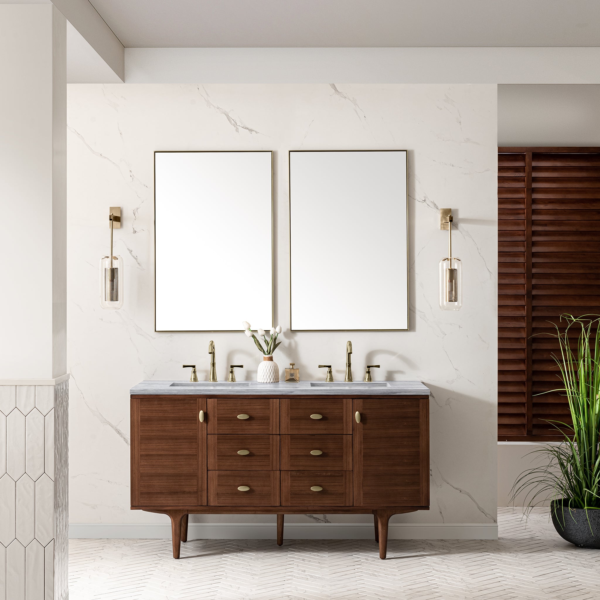 Amberly 60 Inch Double Bathroom Vanity with 3CM Arctic Fall Quartz Top - Mid Century Modern Walnut Design for Master Bathroom & Powder Room Remodel