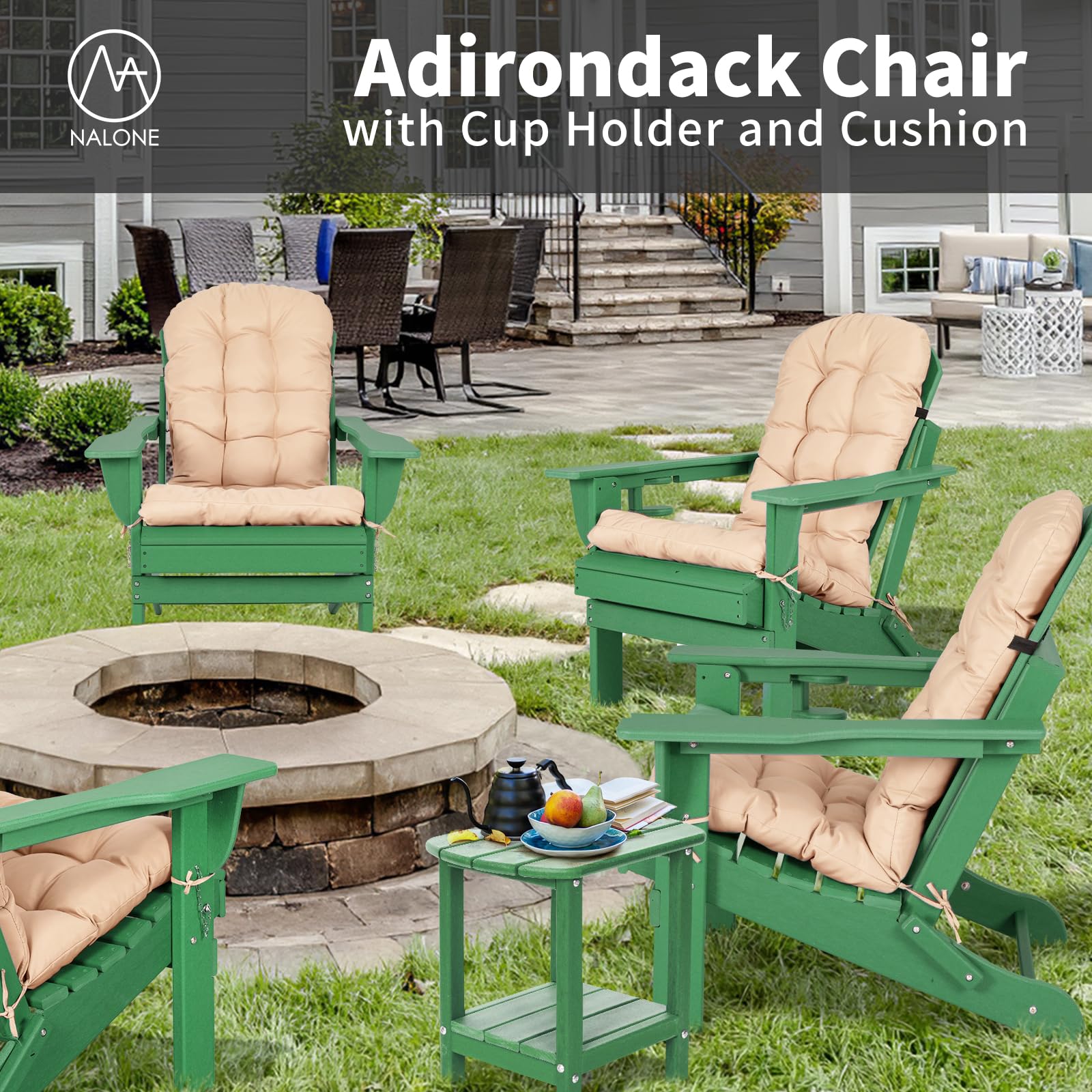Premium Folding Adirondack Chair with Cushion & Cup Holder - Heavy Duty HDPE Plastic Oversized Patio Chair - Weather Resistant Outdoor Furniture for Garden, Deck, Fire Pit, Camping & Backyard Relaxation (Green)