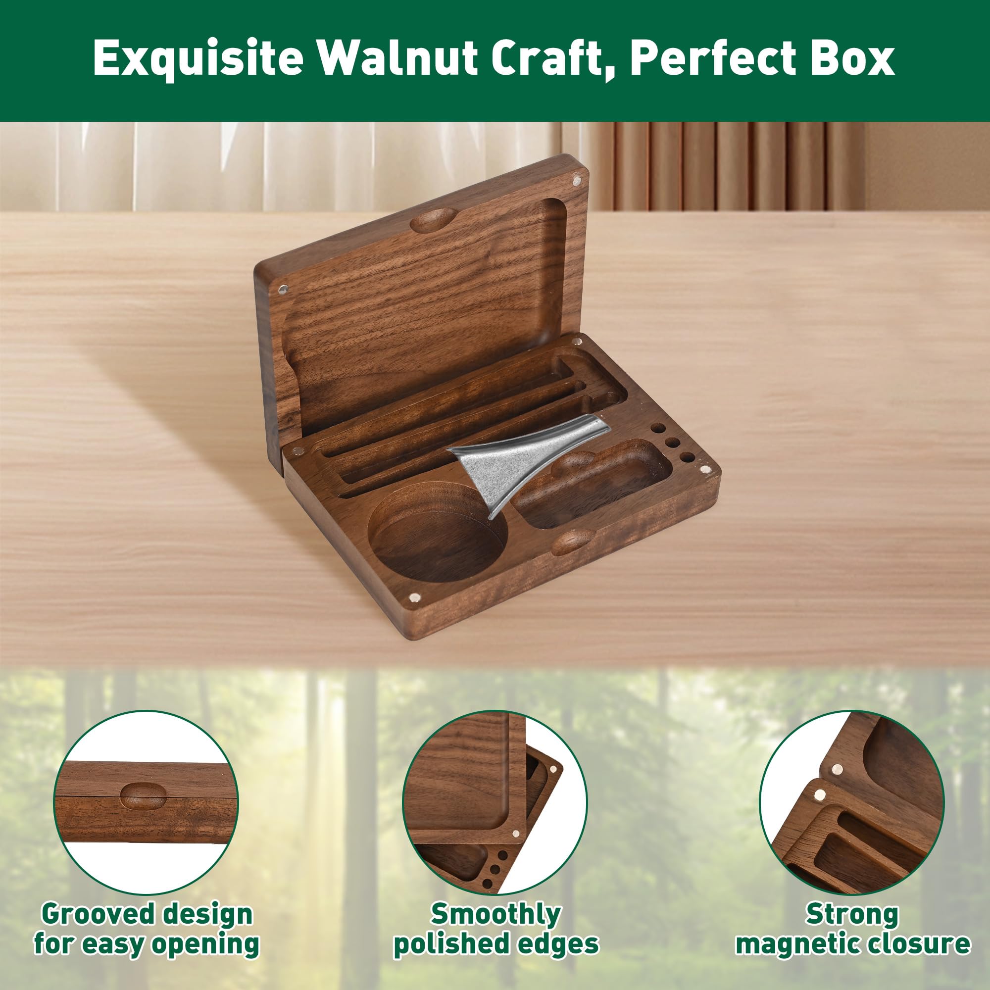 Premium Natural Walnut Storage Case - Fits Rolling Papers, Pre-Rolled Cones, Mini BIC Lighter, 1.5
