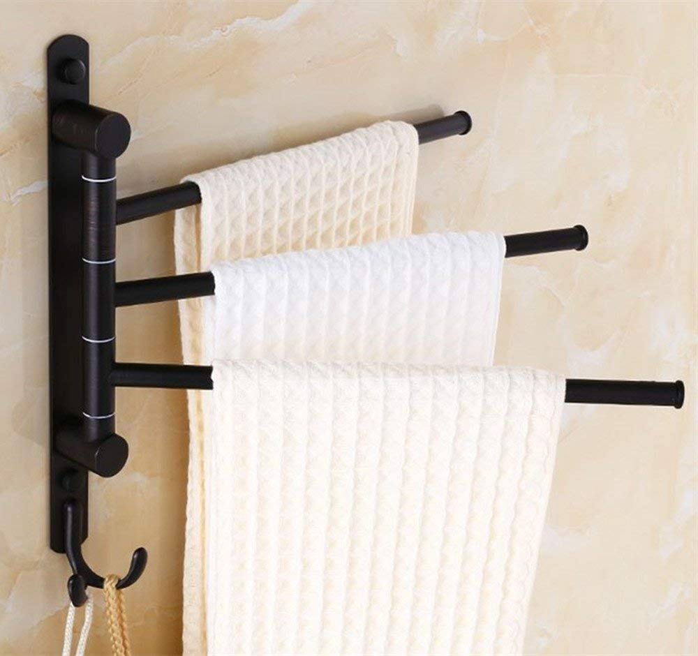 Oil Rubbed Bronze Swing Out Towel Rack - 3-Arm Wall Mounted Bathroom Towel Holder with Hooks | Space Saving Design for Small Bathrooms & Powder Rooms | Rust-Resistant Finish for Long-Lasting Use