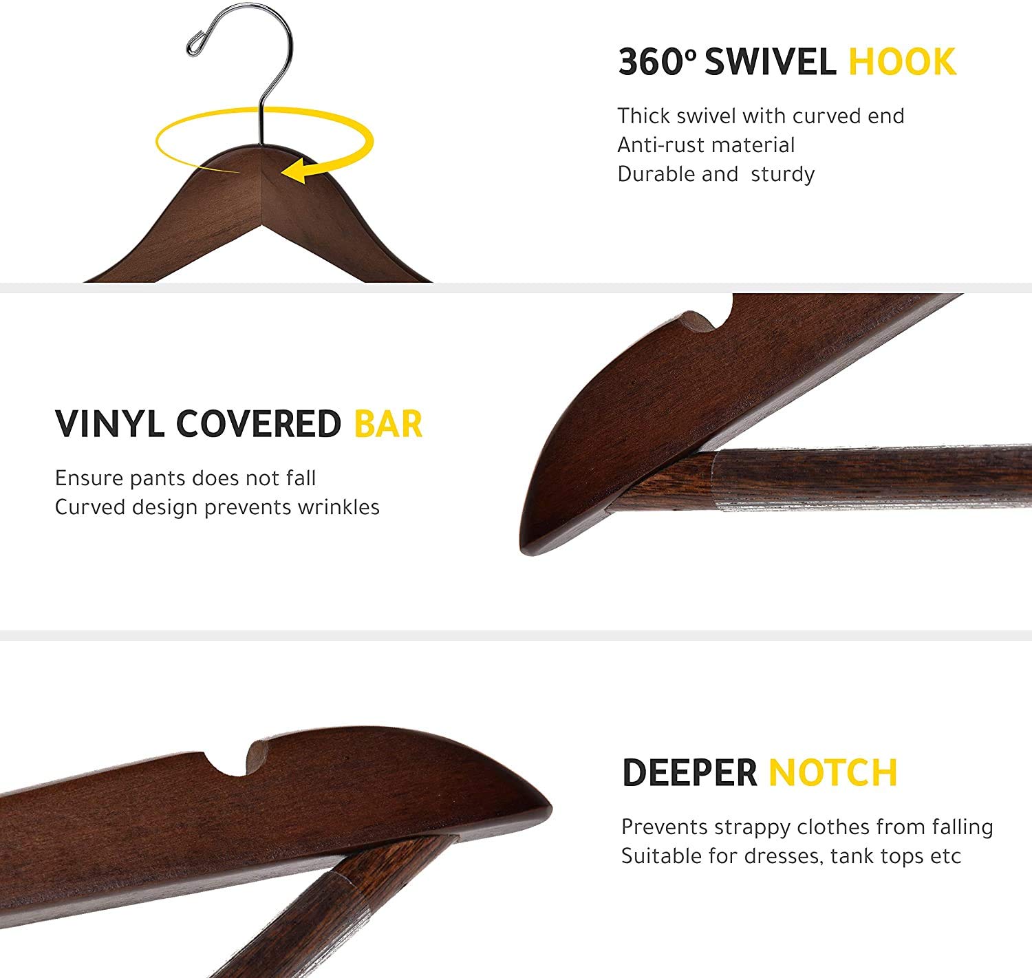 Premium Solid Wooden Hangers 30-Pack - Slightly Curved Design with Chrome Hooks for Clothes, Jackets & Suits - Heavy Duty Walnut Wood Coat Hangers for Wardrobe Organization - Perfect for Home, Closet, Laundry Room & Retail Stores