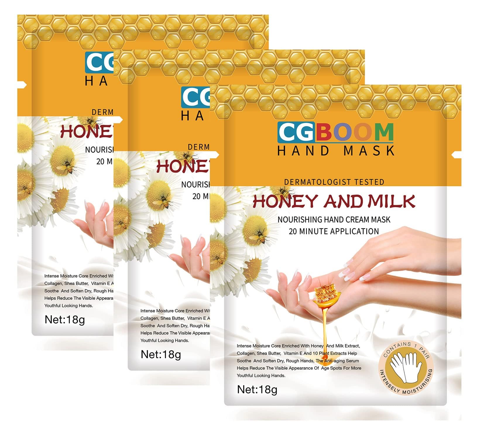 CGBOOM 3 Pairs Moisturizing Hand Masks with Collagen, Vitamins & Natural Extracts - Repair Dry, Aging, Cracked Hands (Honey & Milk) | Spa Treatment, Night Care, Hand Skin Renewal for Women & Men