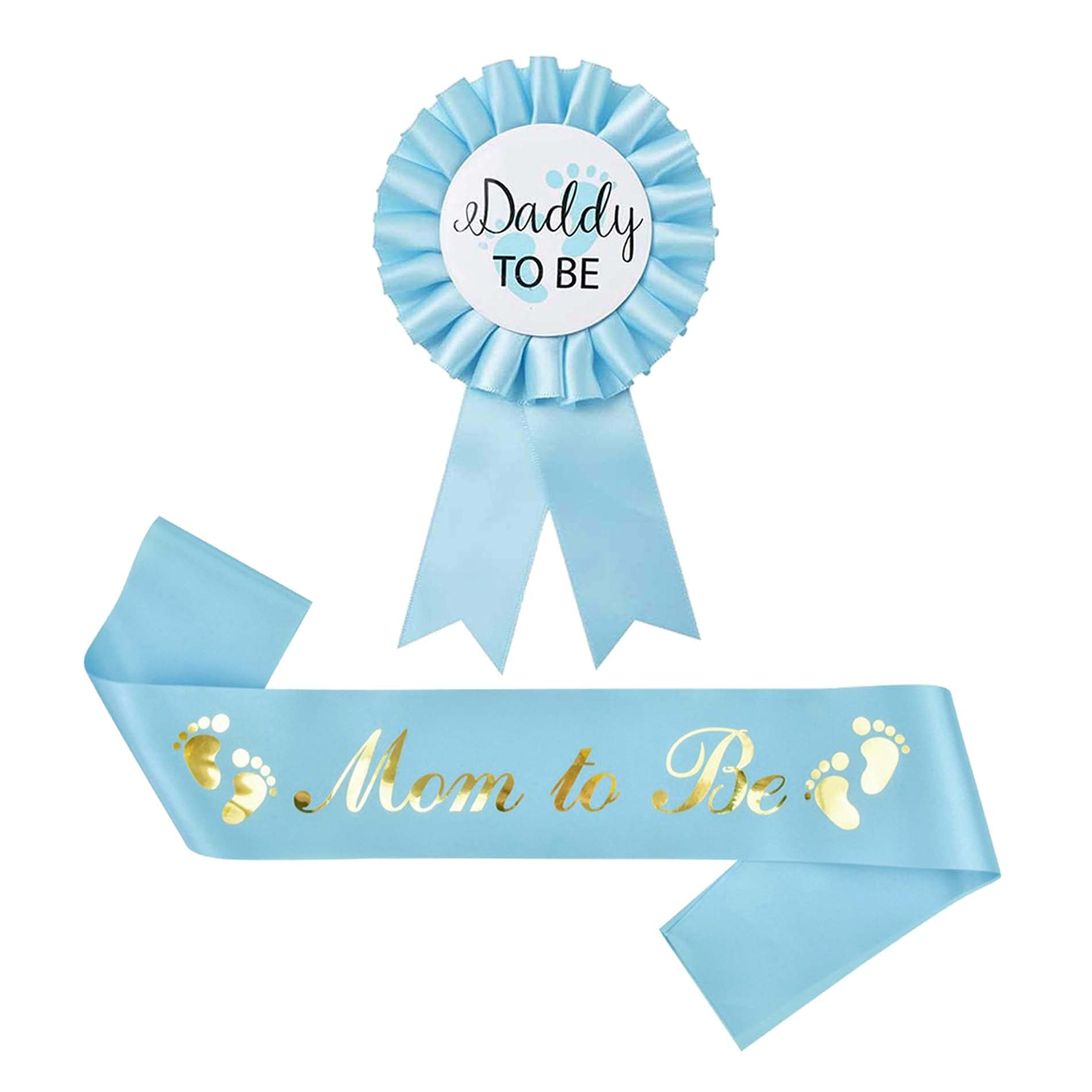 Blue 'Mom to Be' Sash & 'Daddy to Be' Tinplate Badge Combo Set - Gender Neutral Baby Shower Supplies for Boy or Girl, Perfect for Gender Reveal Parties & Maternity Photo Shoots