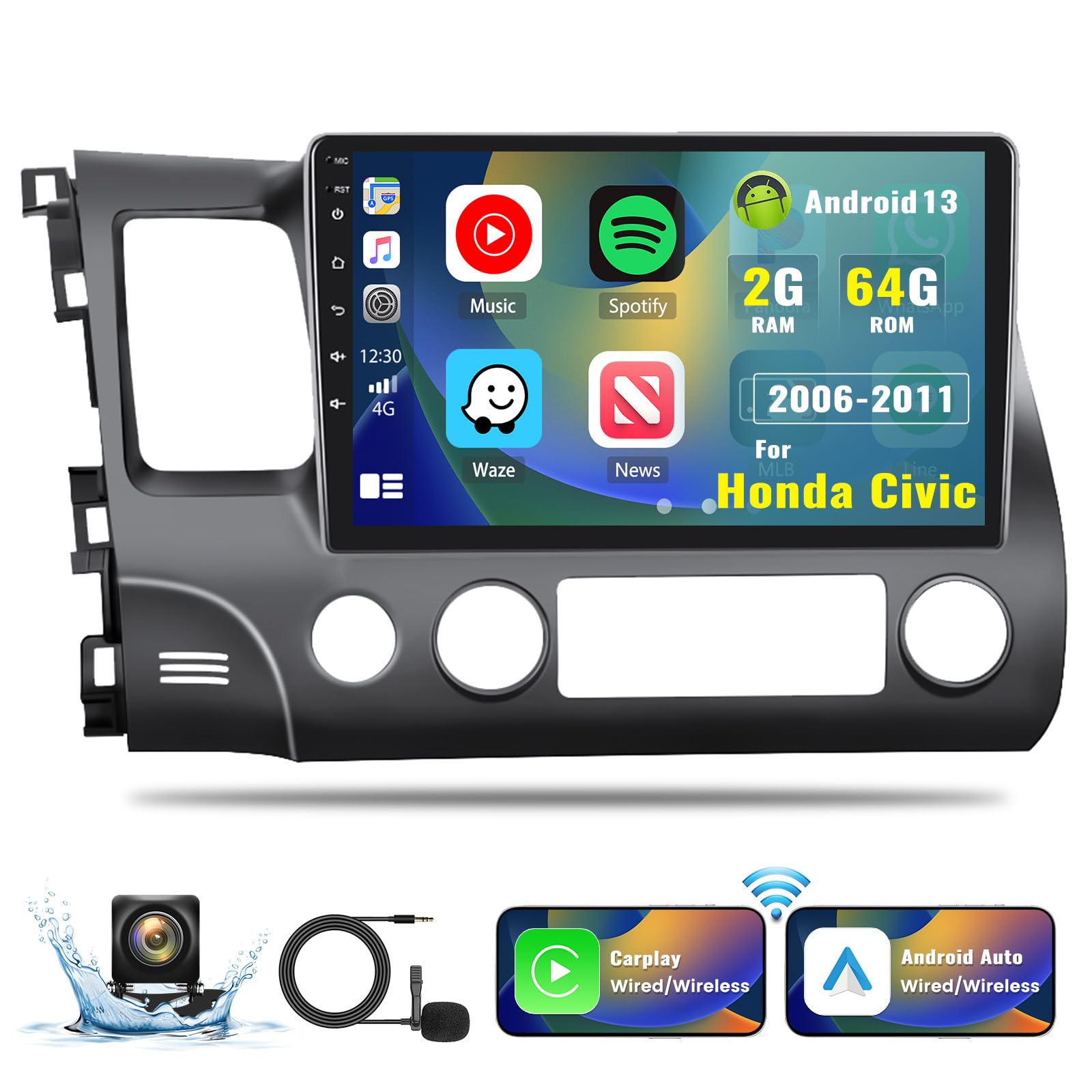 UNITOPSCI 10.1 Inch Android Car Stereo - 2GB RAM 64GB ROM with Wireless Apple CarPlay & Android Auto for 2006-2011 Honda Civic | GPS Navigation, Bluetooth, WiFi, FM Radio, Touchscreen | Includes Backup Camera & Mic - Perfect for Commuting, Road Trips & Hands-Free Driving