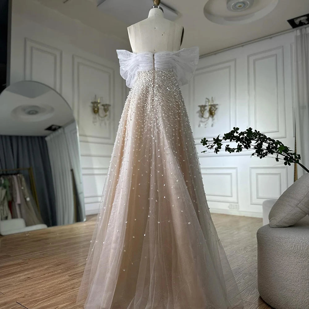 Elegant Blue Beaded Off-Shoulder A-Line Long Evening Gown for Women - Dubai Arabic Inspired Formal Dress LA72009A - Perfect for Weddings, Galas & Special Occasions