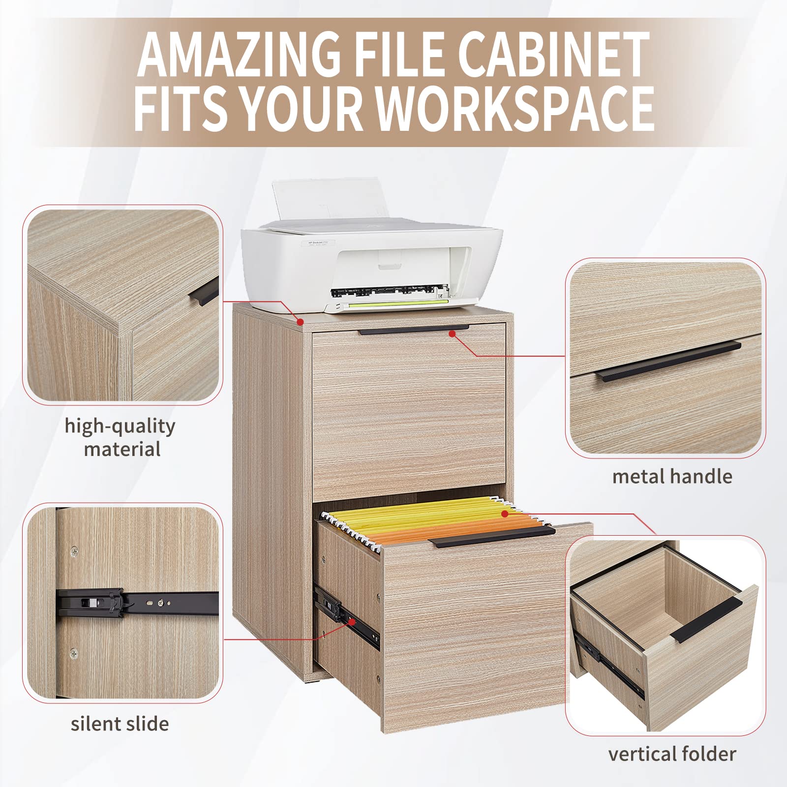 LUCYPAL 2-Drawer Wooden File Cabinet - Letter Size Office Storage with Hanging Bars, Home Office Organization Furniture, Beige - Perfect for Document Storage & Workspace Organization in Small Offices & Home Study Rooms