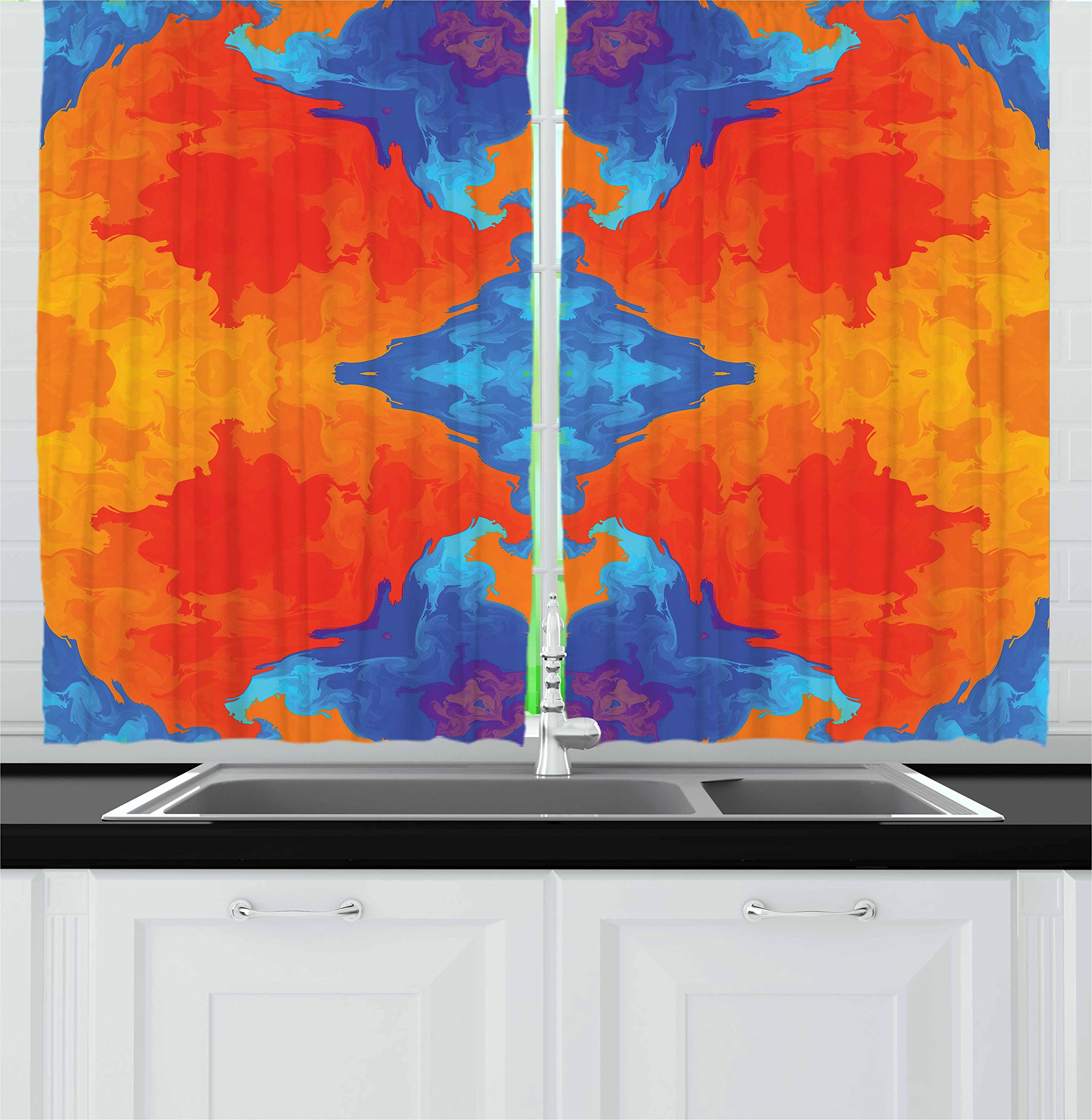 Ambesonne Psychedelic Kitchen Curtains - Vibrant Blue & Orange Kaleidoscope Print Window Drapes, 2 Panel Set (55