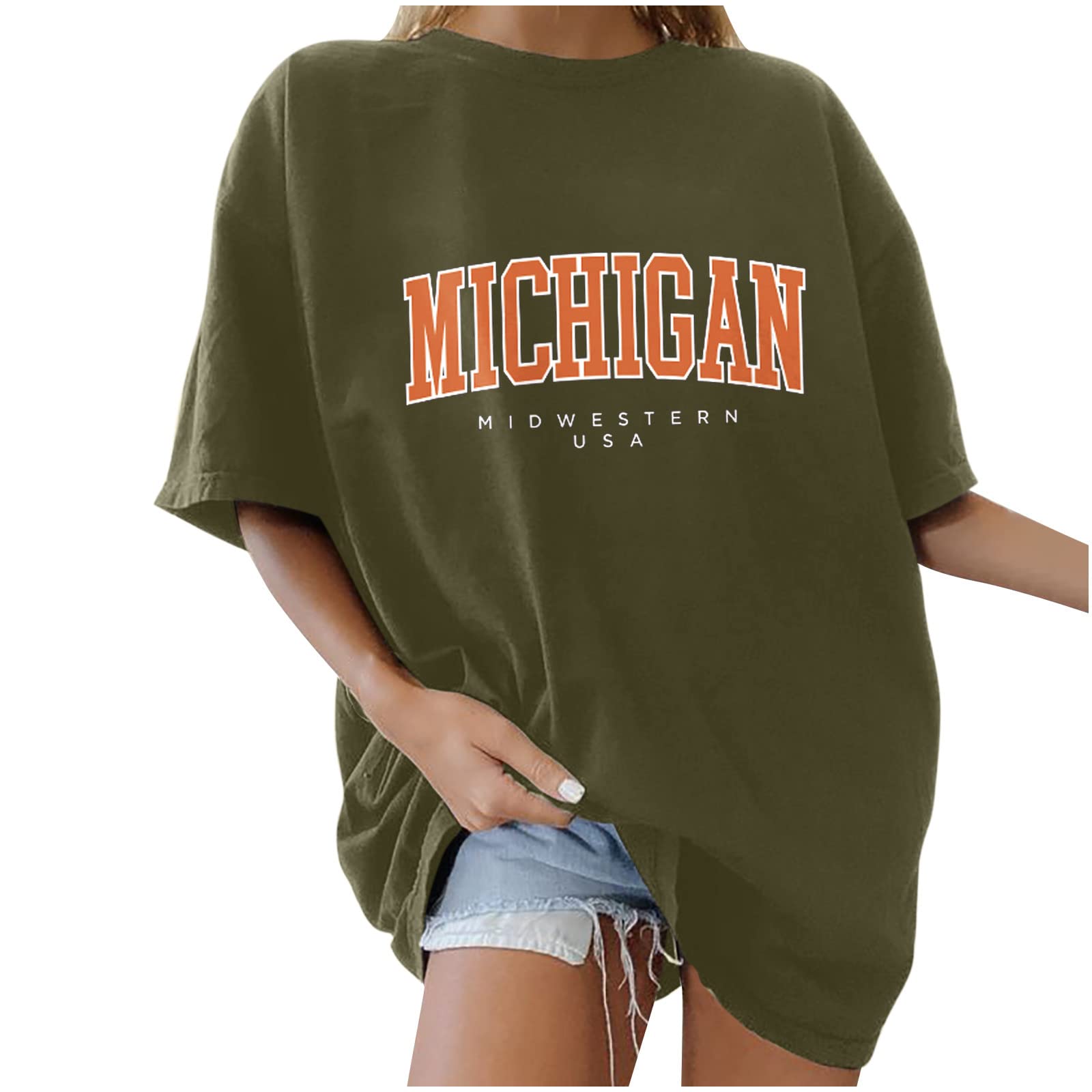 Michigan Midwestern USA Vintage T-Shirt - Women's Oversized Solid Color Short Sleeve Crewneck Tee | Perfect for Summer Casual Wear, Road Trips & College Campus Fashion
