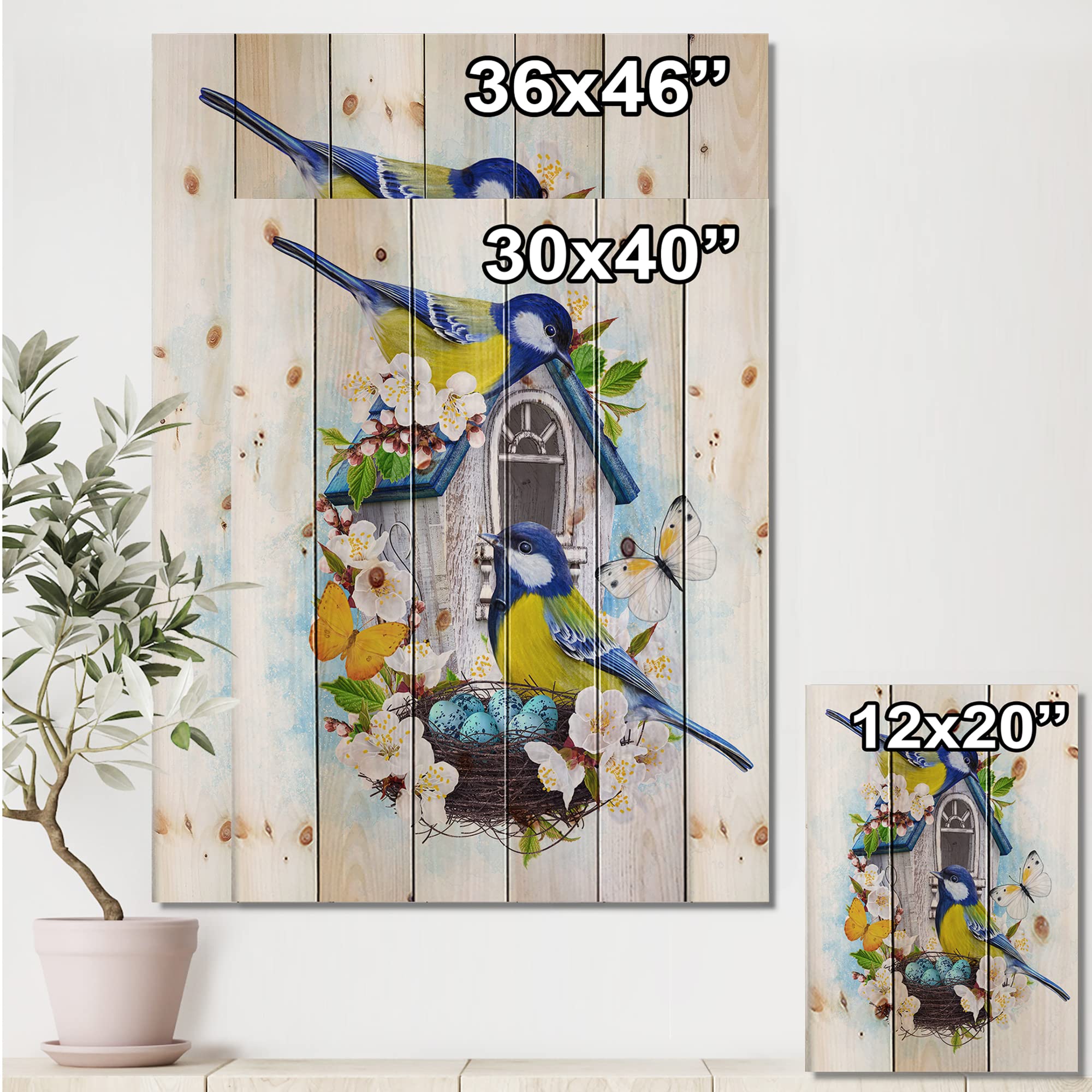 Two Tit Birds Nest Wall Art - Traditional Blue Wood Decor for Home