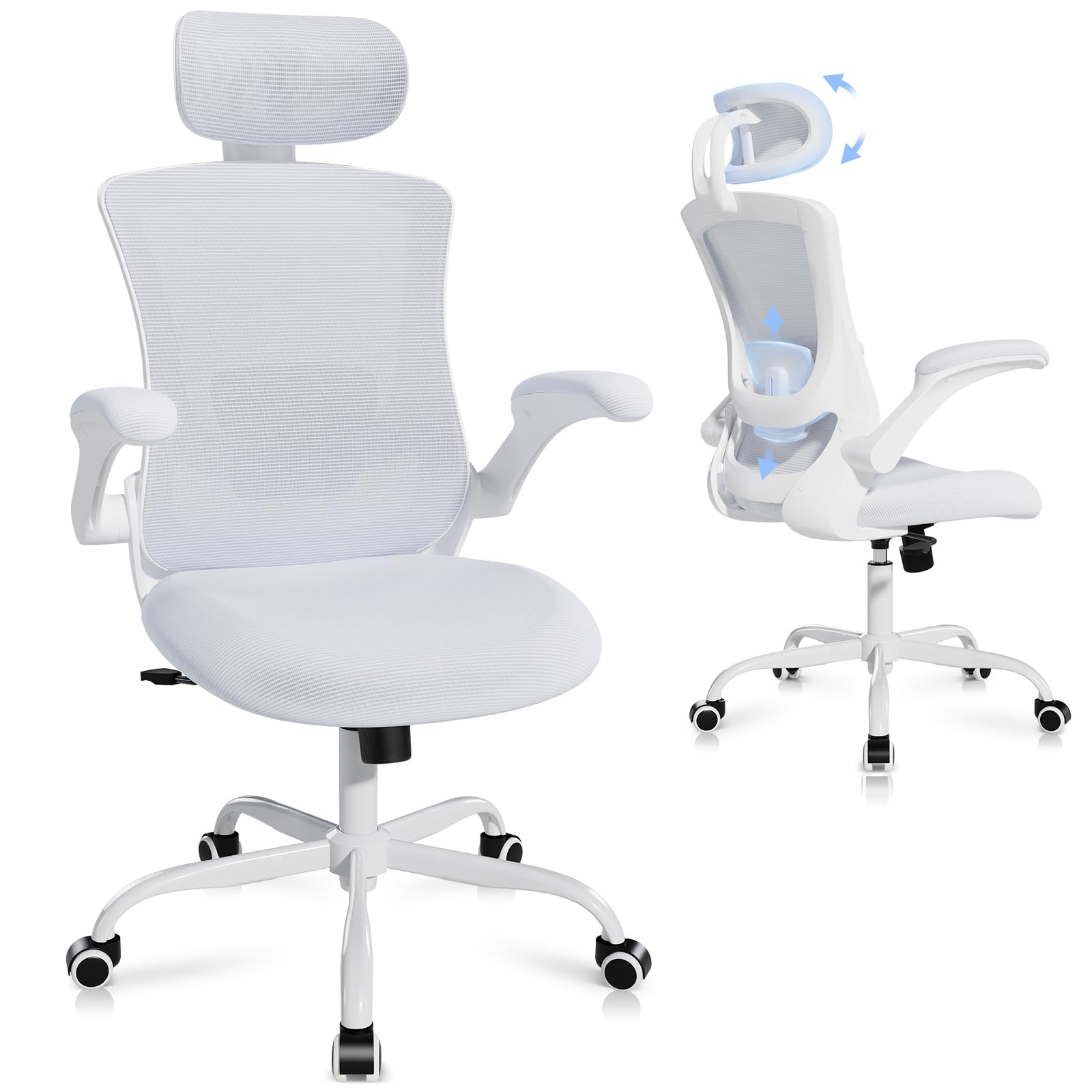 Ergonomic Office Chair with Adjustable Lumbar Support & Headrest - High Back Mesh Computer Desk Chair with Flip-Up Armrests - Breathable & Comfortable Task Chair for Home Office, Gaming & Study - Perfect for Long Work Sessions & Back Pain Relief (White)