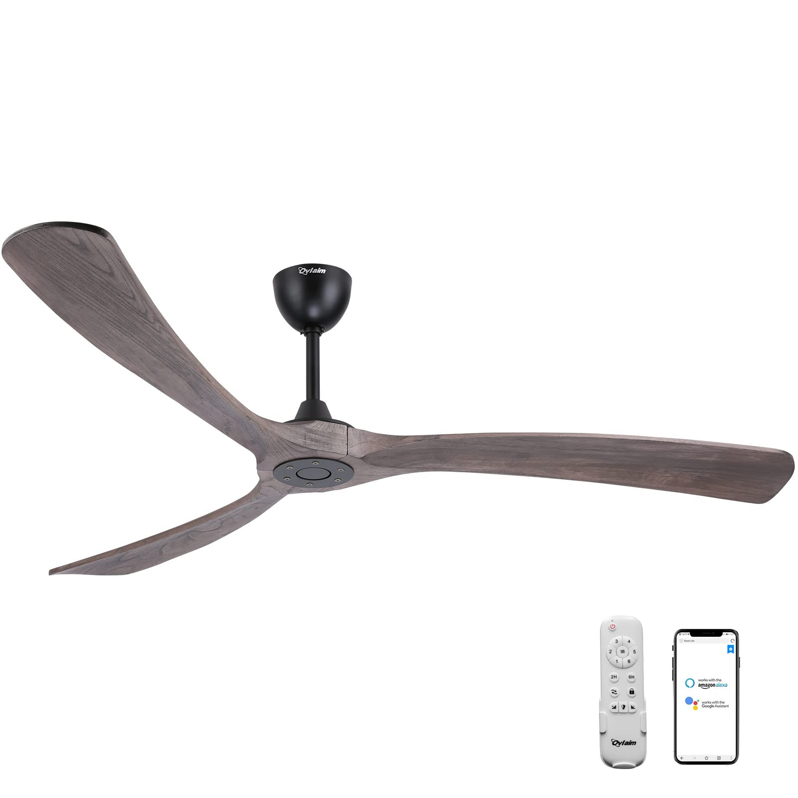 Ovlaim 72 Inch Large Wood Smart WiFi Ceiling Fan No Light - 3 Blade Indoor/Outdoor High CFM Quiet DC Motor - Perfect for Living Room, Bedroom, Patio & Covered Porch
