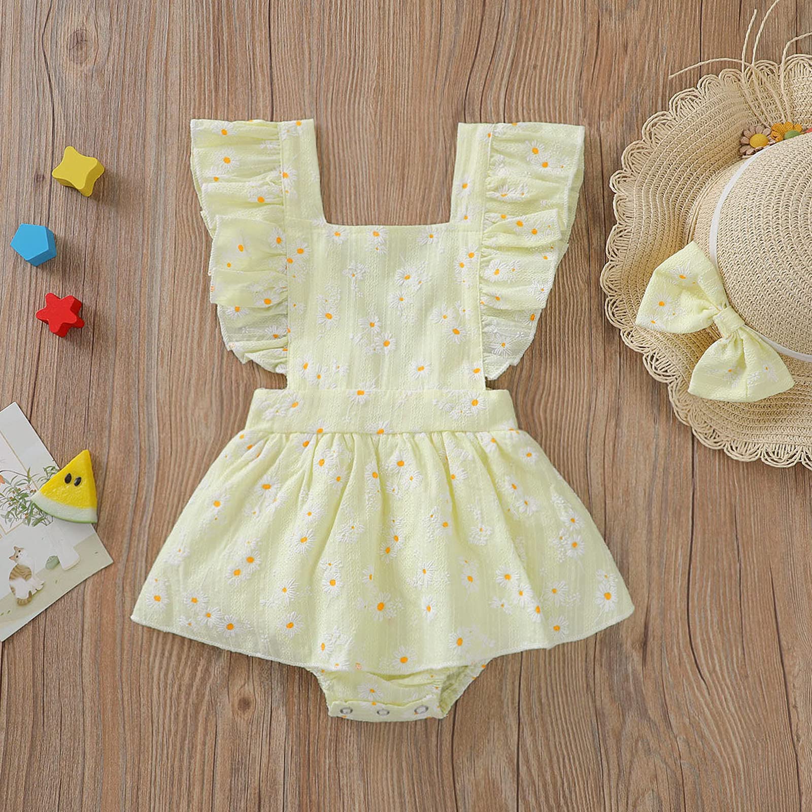 Newborn Baby Girl Clothes - Daisy Print Romper Dress with Flutter Sleeves | One-Piece Jumpsuit Summer Outfit Set with Headband | Perfect for Photoshoots, Parties & Outdoor Activities