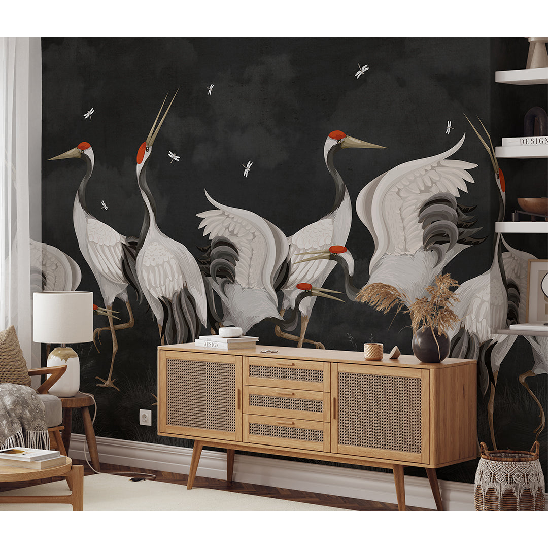 Black Japanese Cranes Wall Mural WM109 - Elegant Asian-Inspired Home Decor for Living Room, Bedroom & Office