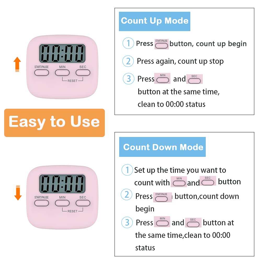 Pink Digital Kitchen Timer with Magnetic Back & Hanging Hole - HD Sound Countdown Stopwatch for Cooking, Baking, Study & Exercise - Perfect for Kids, Home & Classroom Use (Rectangle Design)