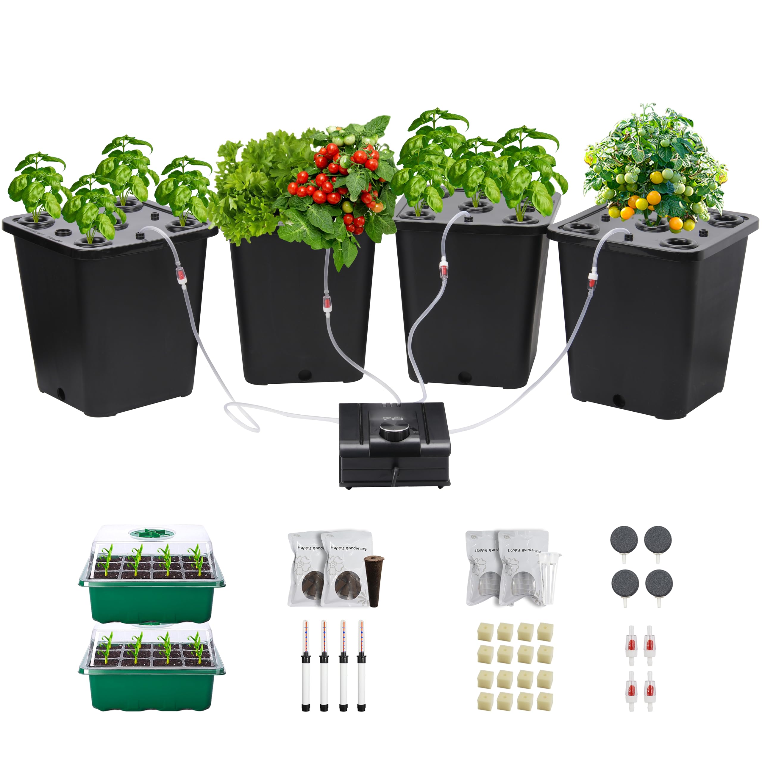 **4 Hydroponic Buckets Kit - Complete Indoor Hydroponic Growing System for Herbs, Tomatoes & Vegetables, DWC System with Air Pump & Germination Tray (Black) - Ideal for Home Gardening, Urban Farming & Indoor Plant Cultivation**