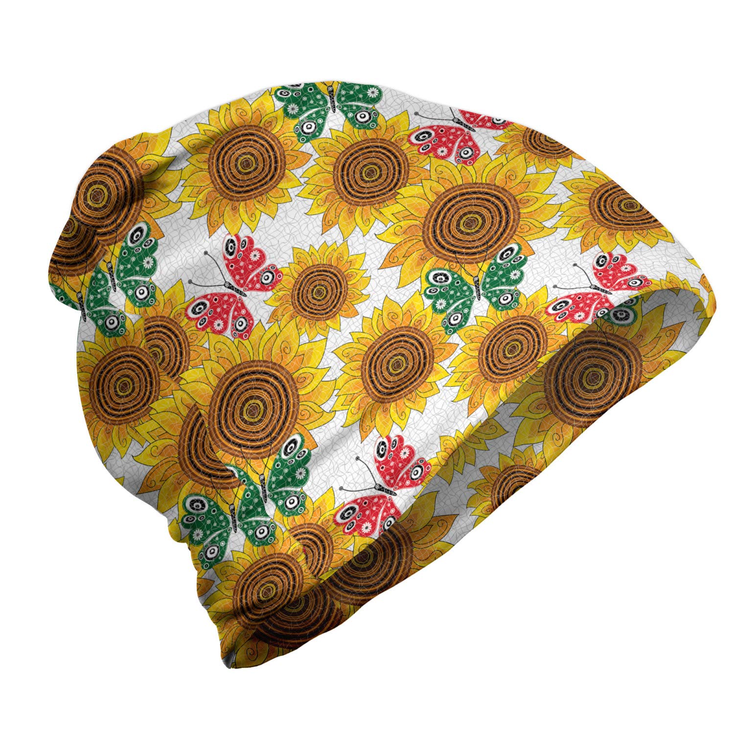 Ambesonne Unisex Beanie - Butterflies & Sunflowers Design for Hiking & Outdoor Activities | Warm Winter Hat for Men & Women | Perfect for Skiing, Camping & Cold Weather