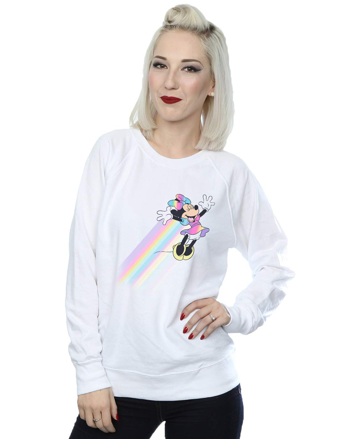 Disney Minnie Mouse Whoosh Graphic Sweatshirt for Women - White, Medium | Cute Casual Pullover for Disney Fans, Theme Parks & Cozy Outings