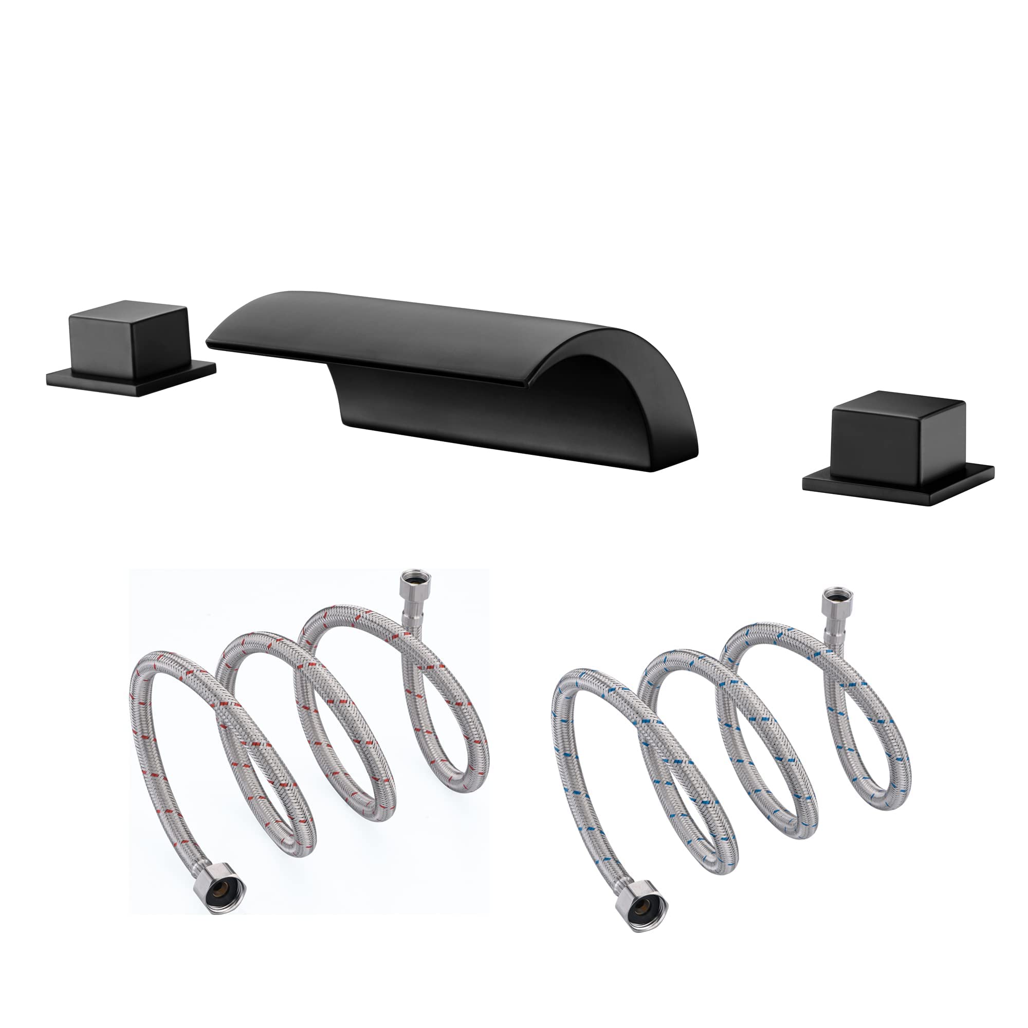 Black Waterfall Roman Tub Faucet S2091DW with Flexible Hose Connector S7930SS-120 (48 Inch) - Luxury Bathroom Fixture for Spa, Master Bath & Modern Home Decor