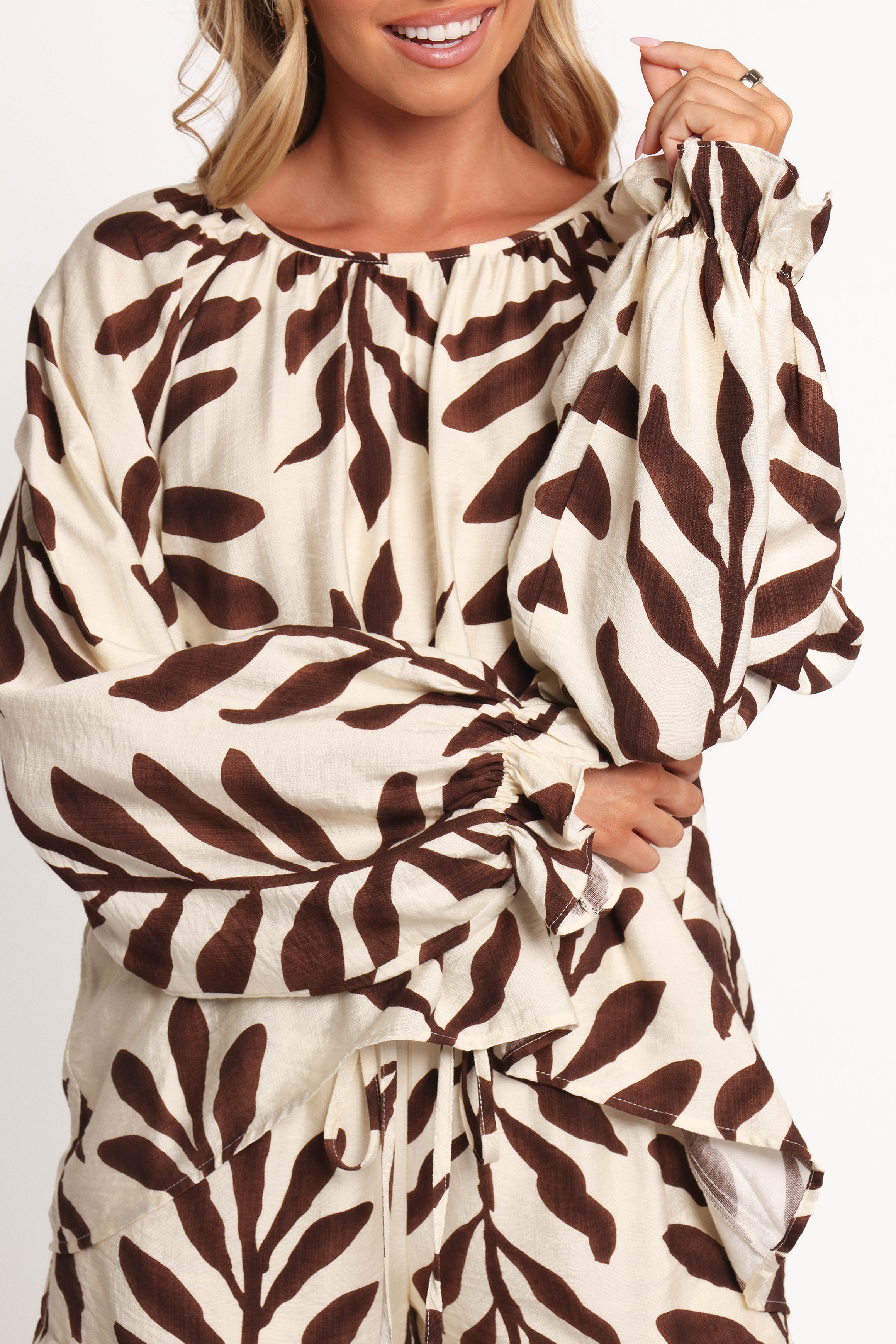 July Women's Long Sleeve Smock Top - Brown Palm Print Boho Blouse for Casual Wear, Work & Fall Outfits