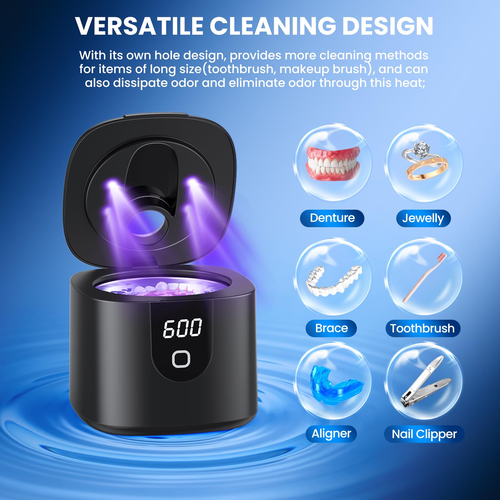 Ultrasonic Retainer Cleaner Machine - 45kHz with 4 Cleaning Modes & Digital Timer, 200ML Capacity for Dentures, Mouth Guards, Braces, Toothbrush Heads & Jewelry (Black) - Perfect for Dental Hygiene & Jewelry Care at Home