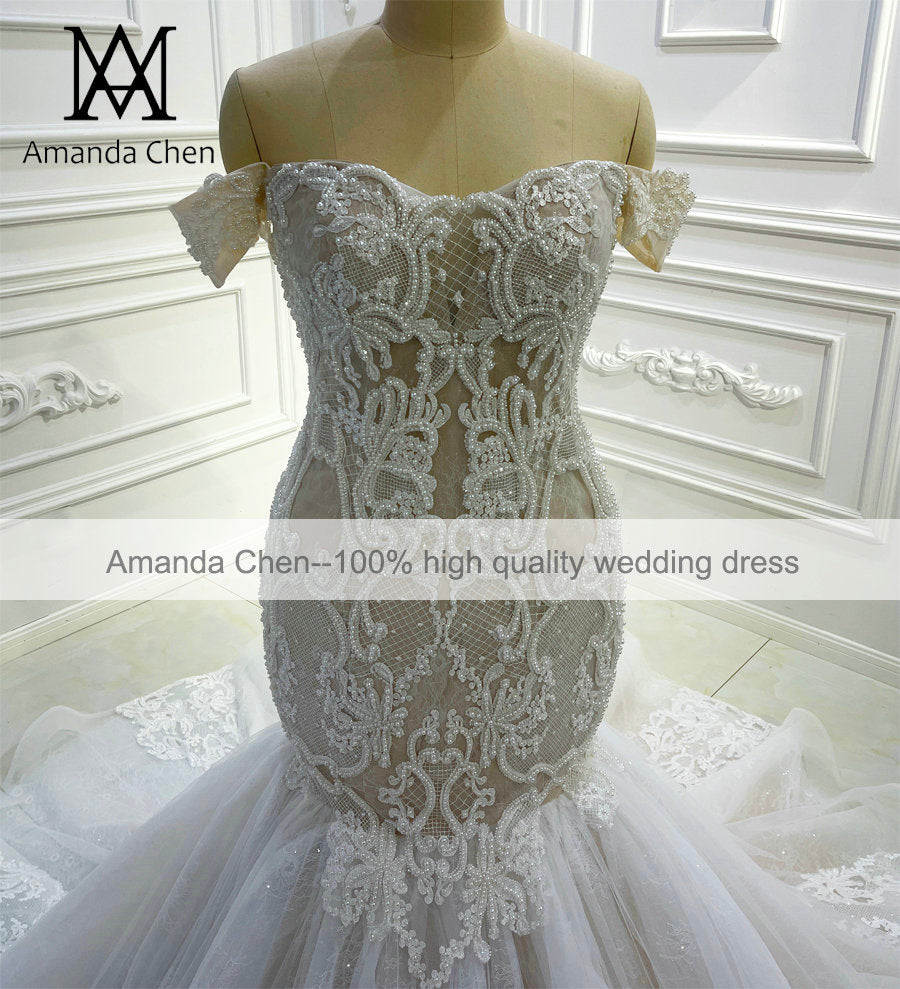 Elegant Off Shoulder Champagne Mermaid Wedding Dress AM1174 – Perfect for Beach, Church, and Formal Bridal Ceremonies