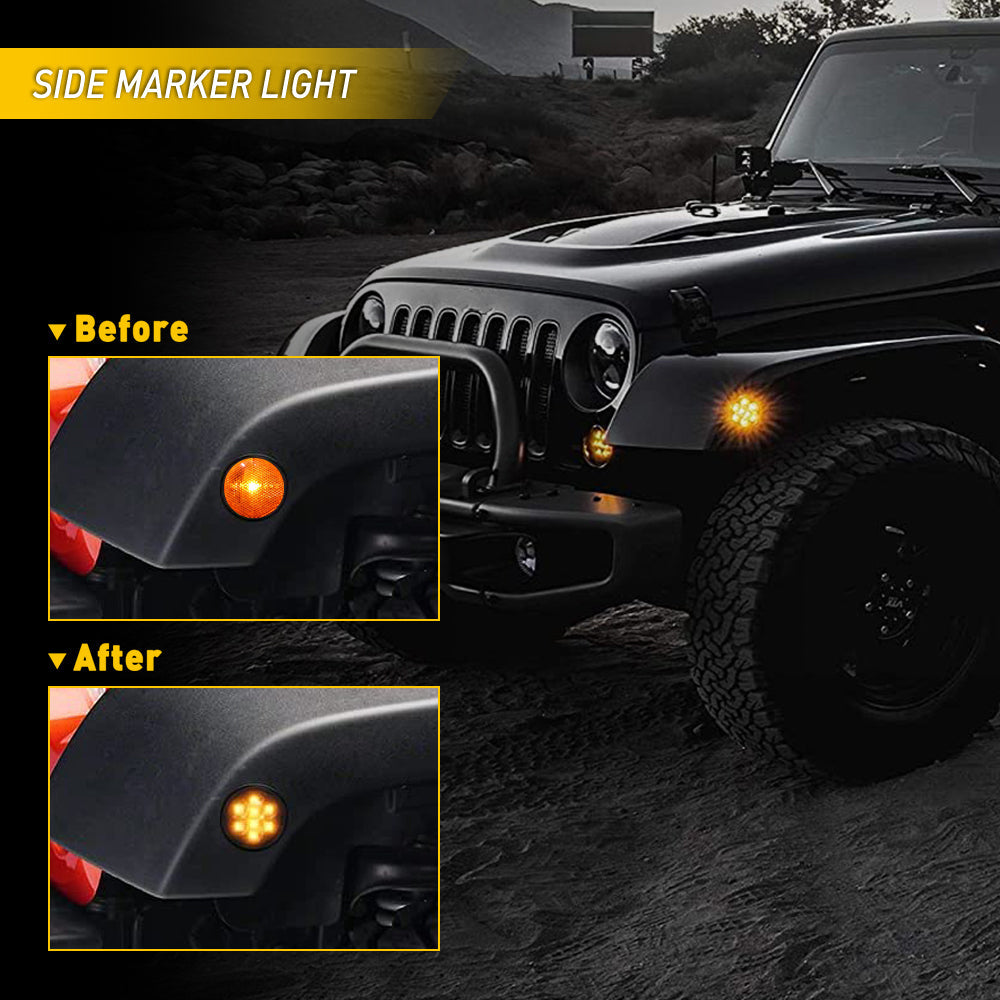2007-2018 Jeep Wrangler JK Front Grille LED Turn Signal Lights & Side Marker Fender Lights - Amber/White - Not for 2018 JL Model - Upgrade Your Off-Road Vehicle Lighting for Better Visibility