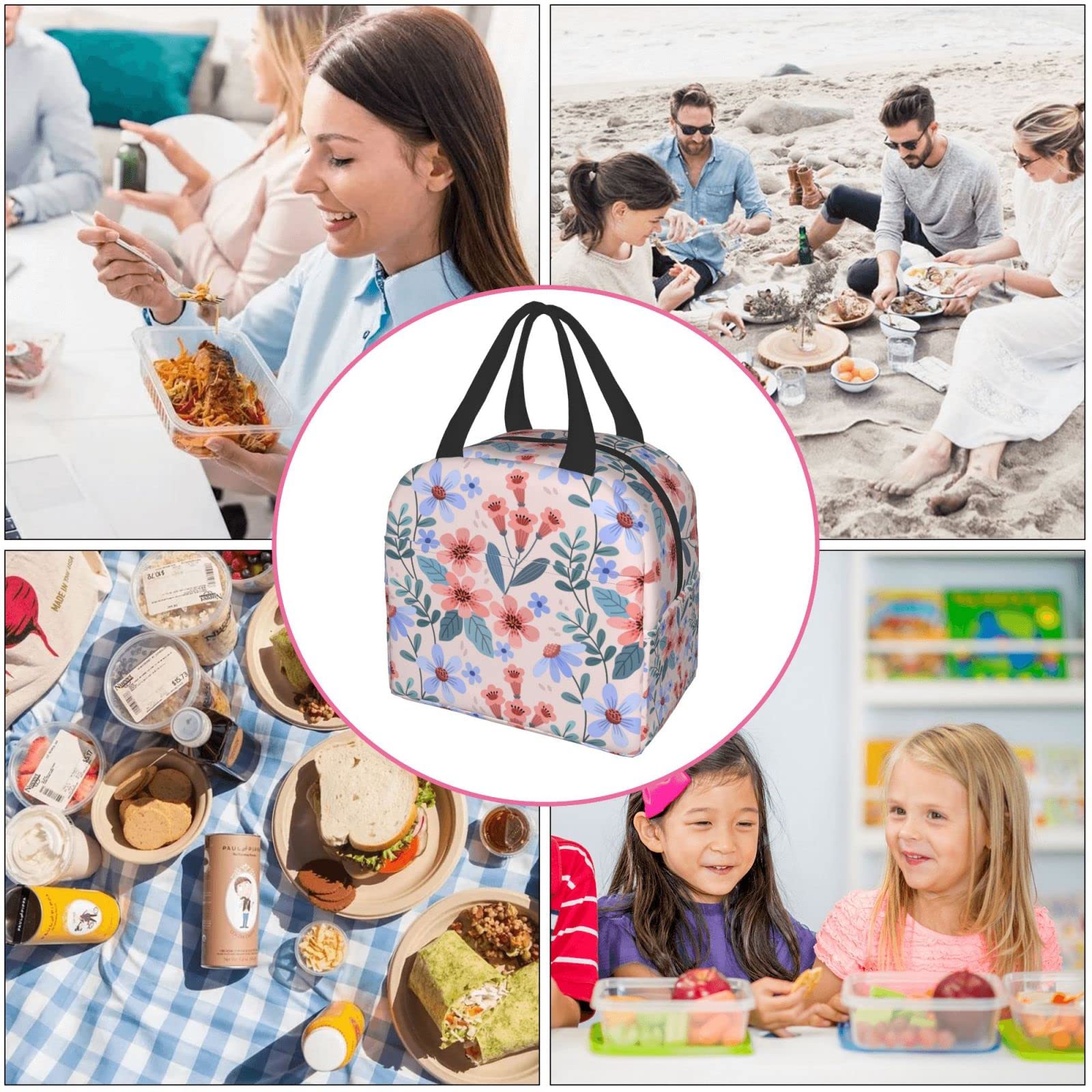 Pink Floral Insulated Lunch Box - Reusable & Portable Meal Container for Men & Women - Perfect for Work, Travel, Picnic & Outdoor Activities
