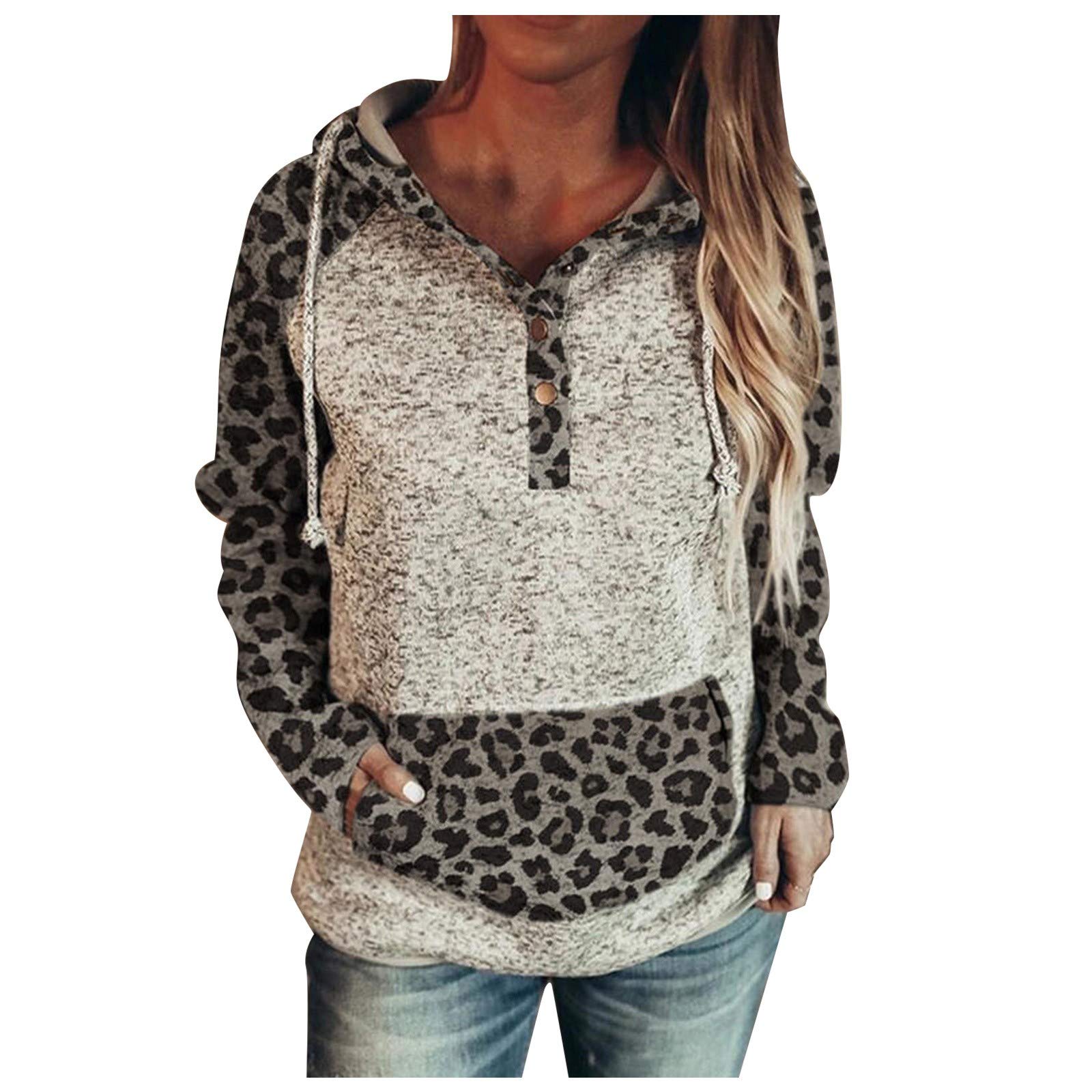 FABIURT Women's Leopard Print Color Block Hooded Sweatshirt with Pockets - 1/4 Zip Pullover Hoodie for Casual Wear, Street Style & Outdoor Activities