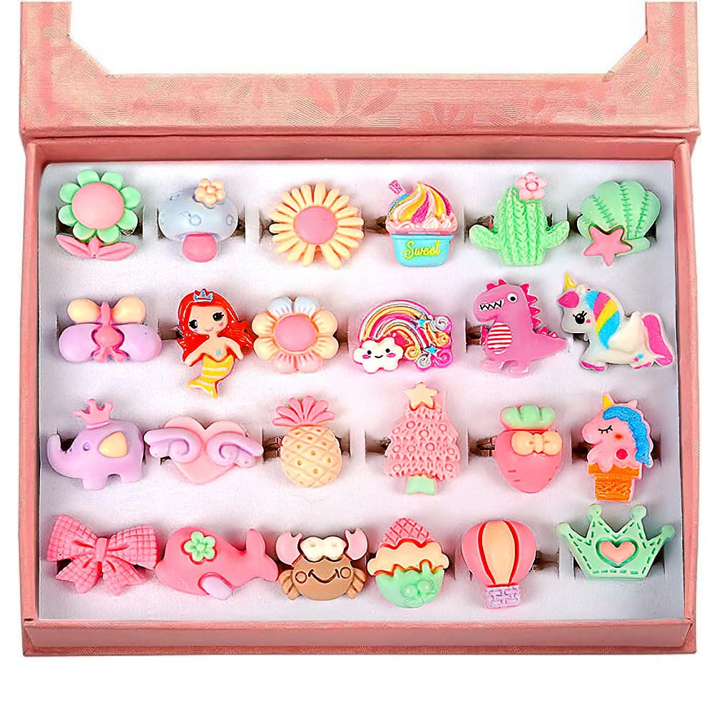 24 PCS Adjustable Pretend Play Rings for Girls 3-12 Years Old - No Duplicates, Perfect for Dress Up, Role Play & Birthday Gifts - Ideal for Parties, Holidays & Imaginative Play