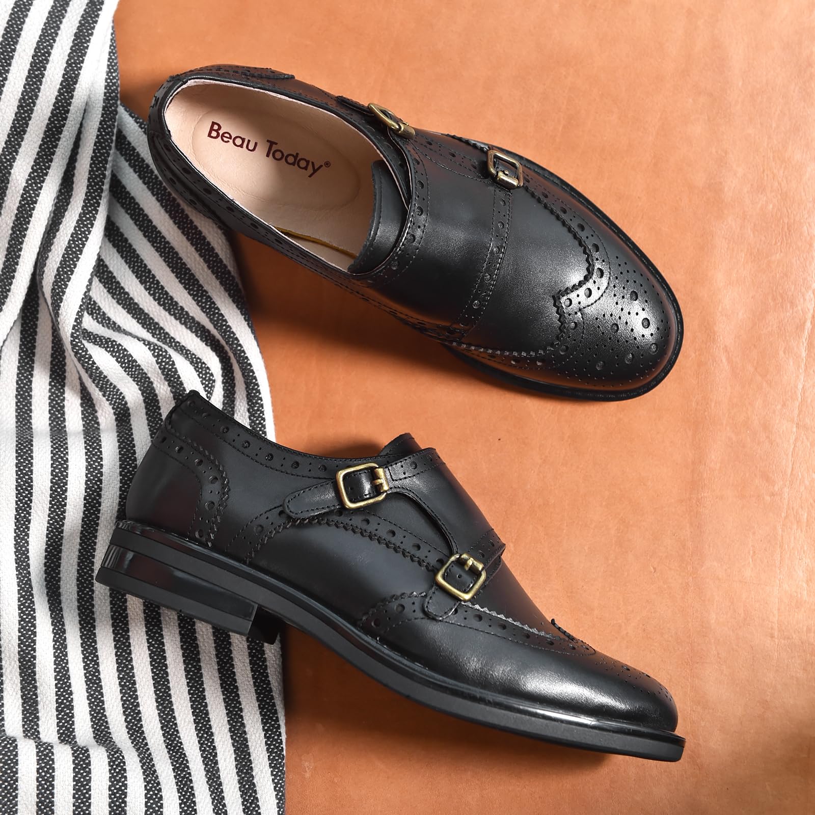 BEAU TODAY Women's Leather Loafers - Monk Strap Oxford Shoes for Women, Comfortable Office & Business Casual Shoes with Double Buckle Design, Wingtip Brogue Slip-On - Perfect for Work, Travel & Everyday Wear