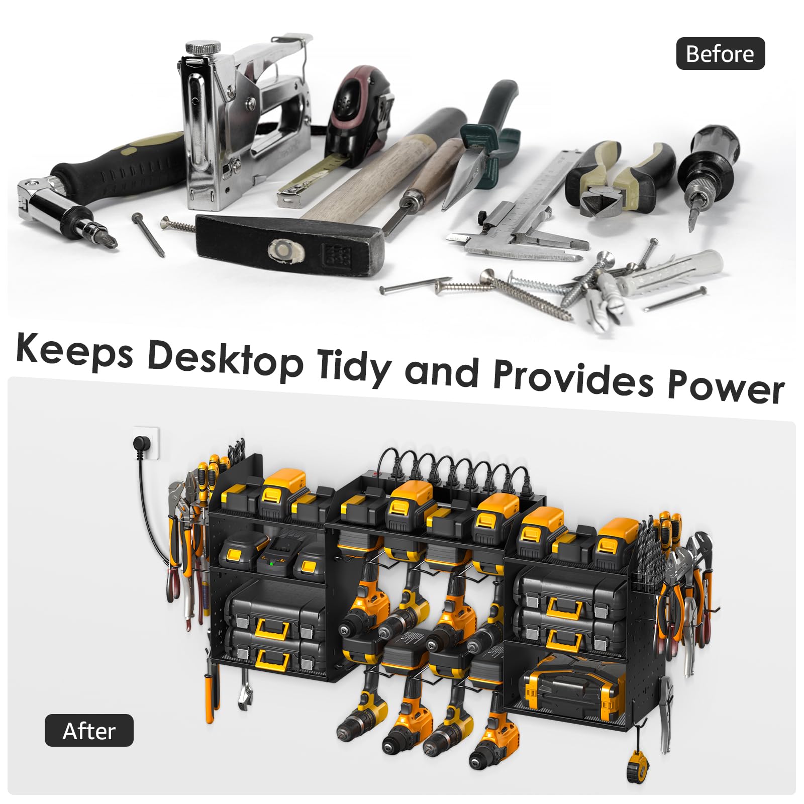 CCCEI 39-Inch Large Black Wall-Mounted Power Tool Organizer with 10FT Power Strip - 8 Drill Battery Holder & Garage Storage Rack for Pegboard Hanging - Perfect for Workshop, Garage, and DIY Tool Organization