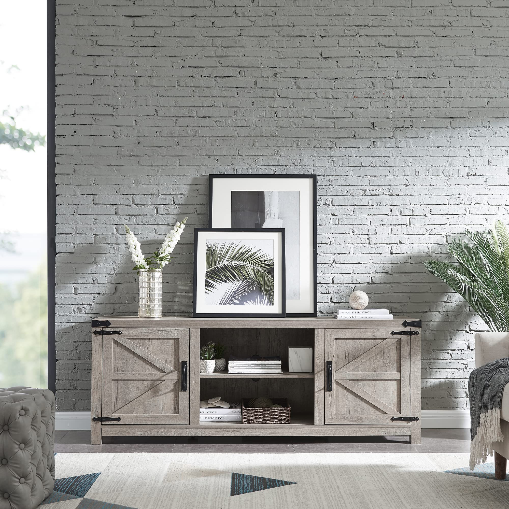 T4TREAM 75 Inch Farmhouse TV Stand with Barn Doors - Rustic Wood Media Console with Storage Cabinets, Modern Entertainment Center for Living Room (Grey Wash) | Perfect for Farmhouse Decor & Home Theater Setup