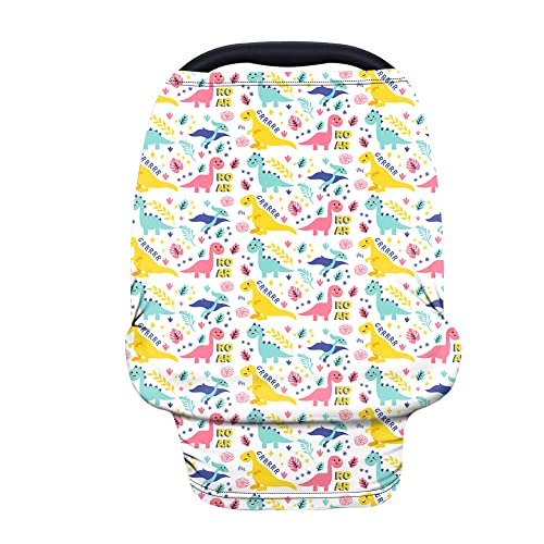 JOAIFO Cartoon Dinosaur Baby Car Seat Cover - Stretchy Universal Fit for Shopping Carts, High Chairs & Strollers - Soft Breathable Fabric - Perfect for Boys & Girls - Also Works as Nursing Cover & Infant Canopy - Ideal for Grocery Shopping, Dining Out & Traveling