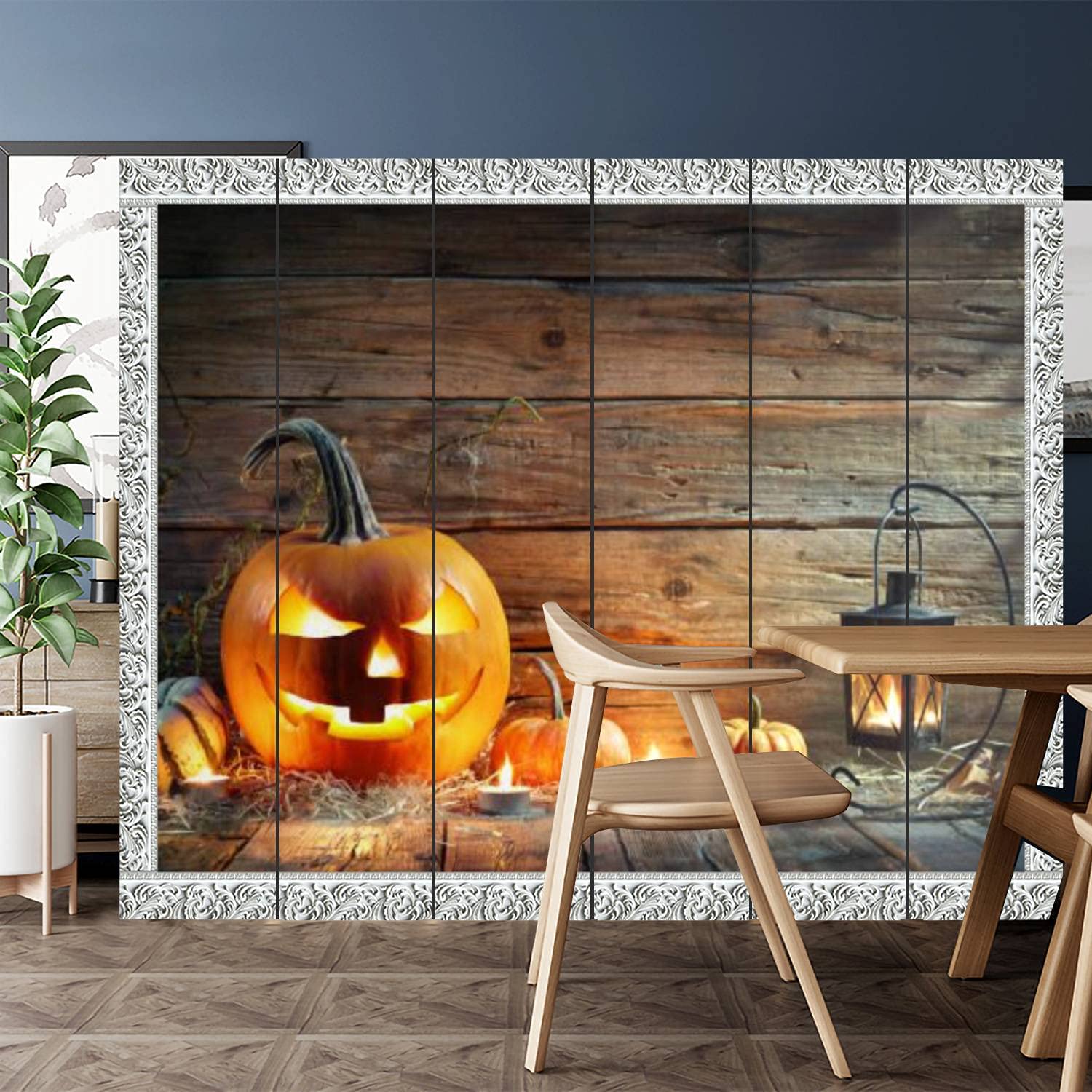6 Panel Canvas Room Divider Screen - Rustic Halloween Pumpkin Design with Lantern Window Privacy Partition | Perfect for Home Office, Bathroom, Pool Area & Event Decor
