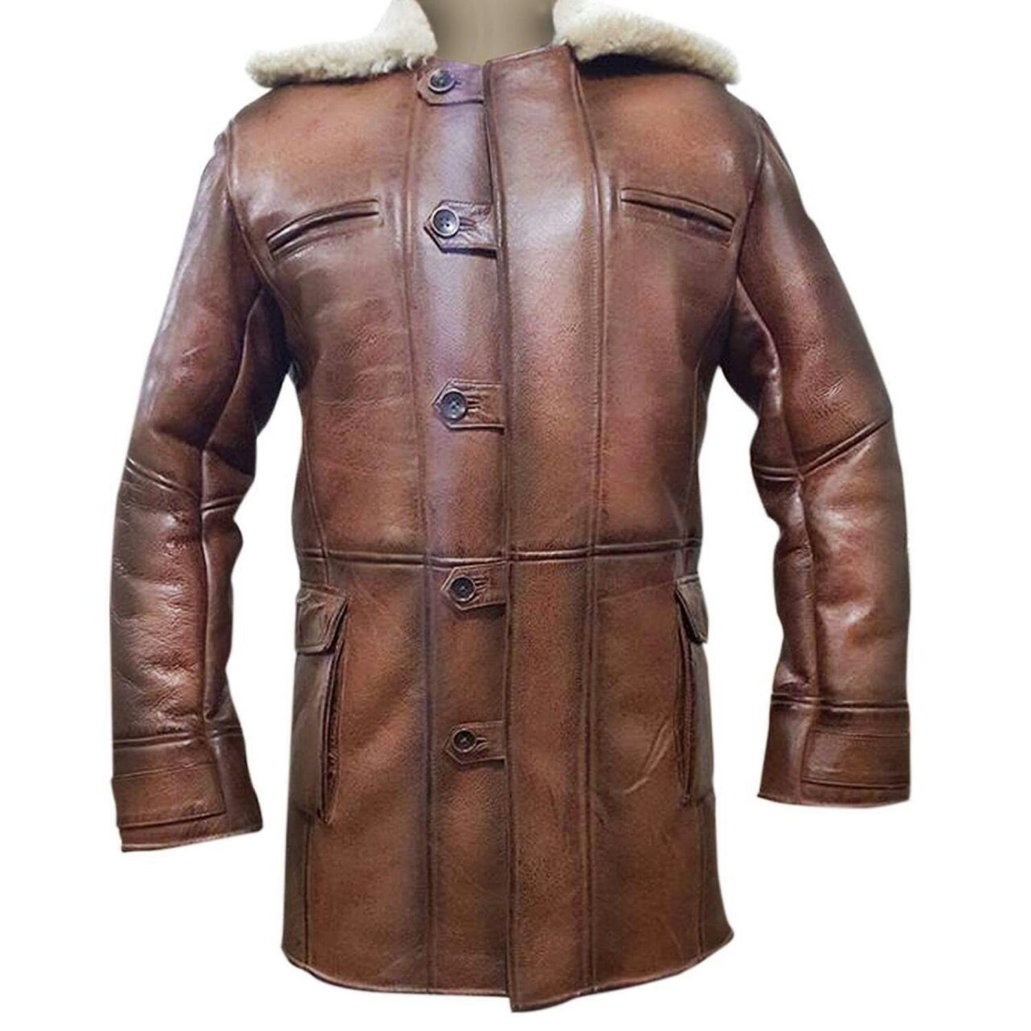 Tom Hardy Bane Jacket - TDKR Shearling Coat, Distressed Brown Leather Jacket for Winter | Cosplay, Halloween Costume & Cold Weather Fashion