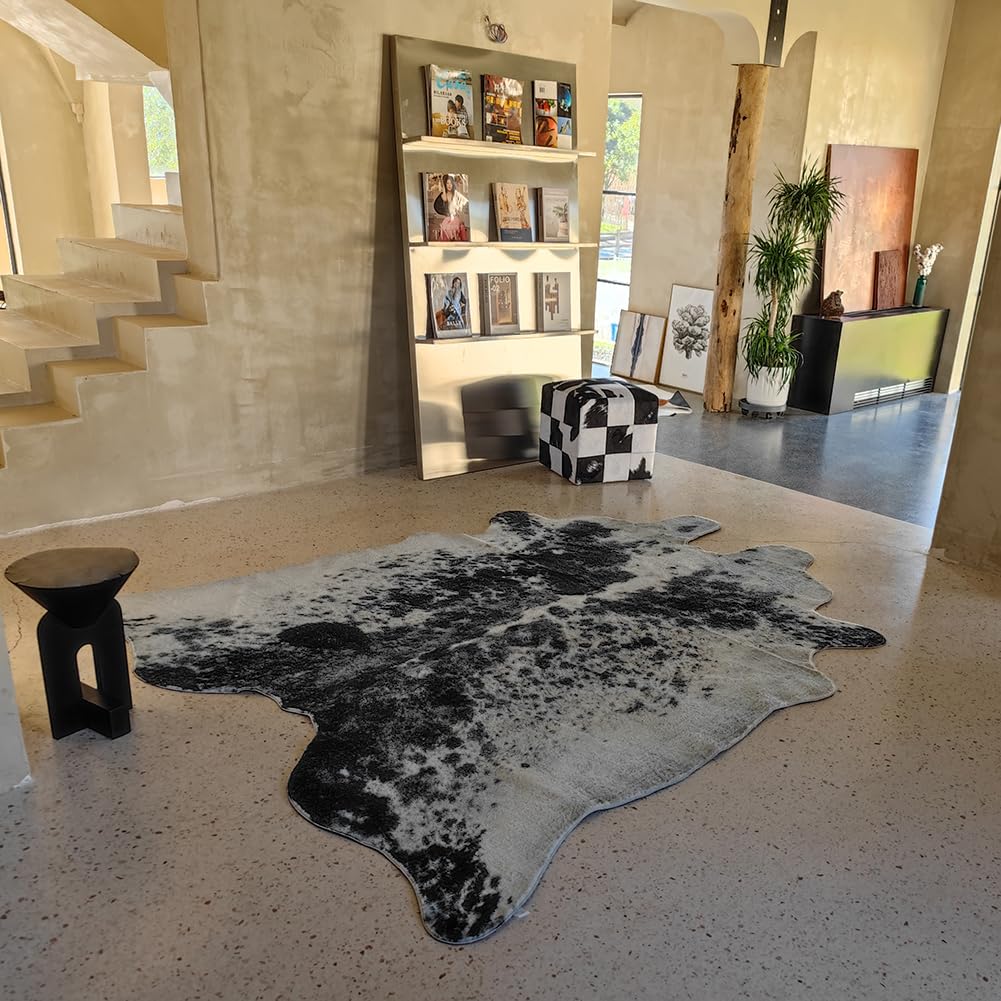 Rugoo 6.4x8 ft Black and White Faux Cowhide Rug - Soft Animal Print Area Rug for Living Room, Bedroom, Nursery - Perfect for Farmhouse Decor & Bohemian Style Homes