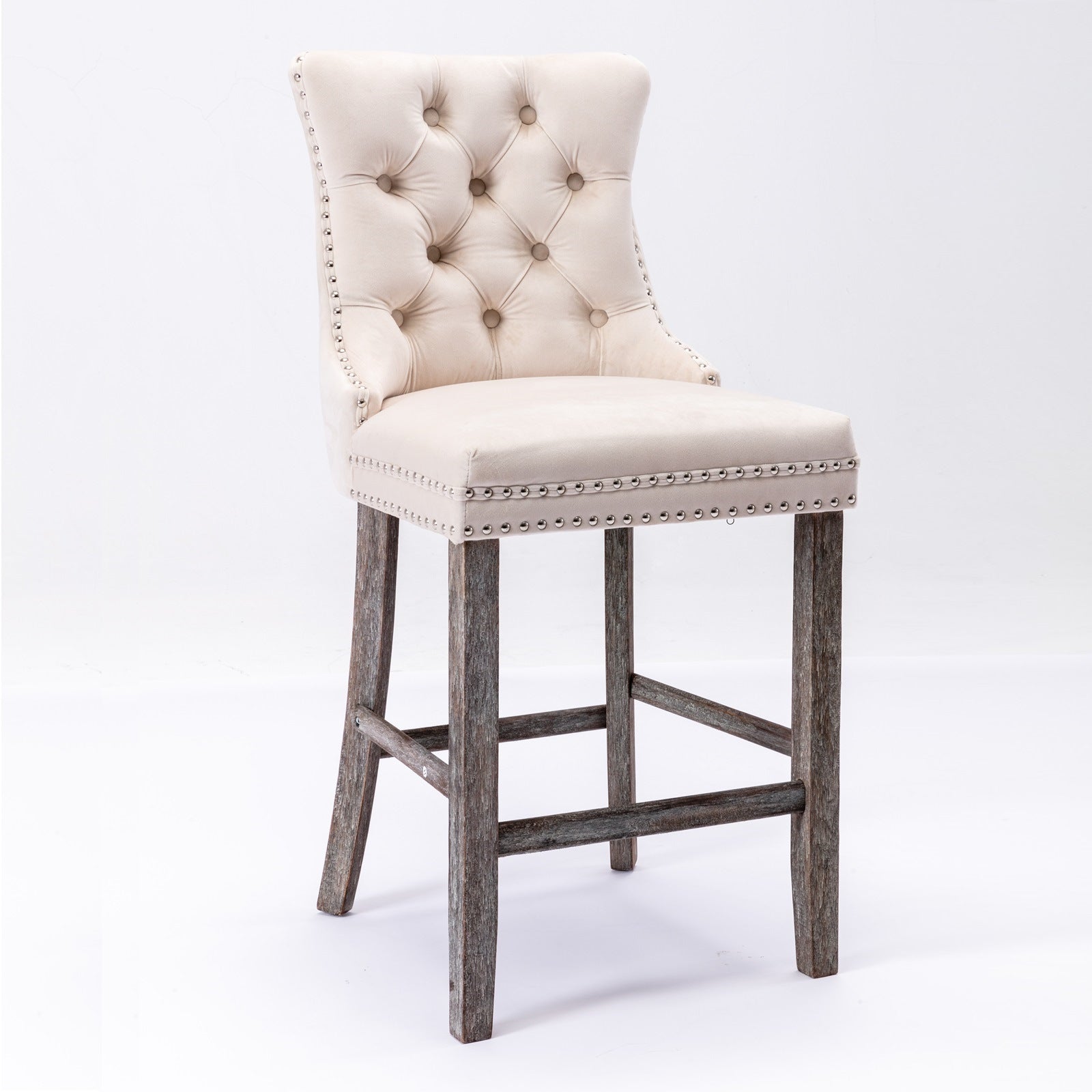Velvet Bar Stools with Studs Trim & Wooden Legs - Set of 2 Tufted Dining Chairs for Kitchen Counter, Breakfast Nook & Home Bar Decor