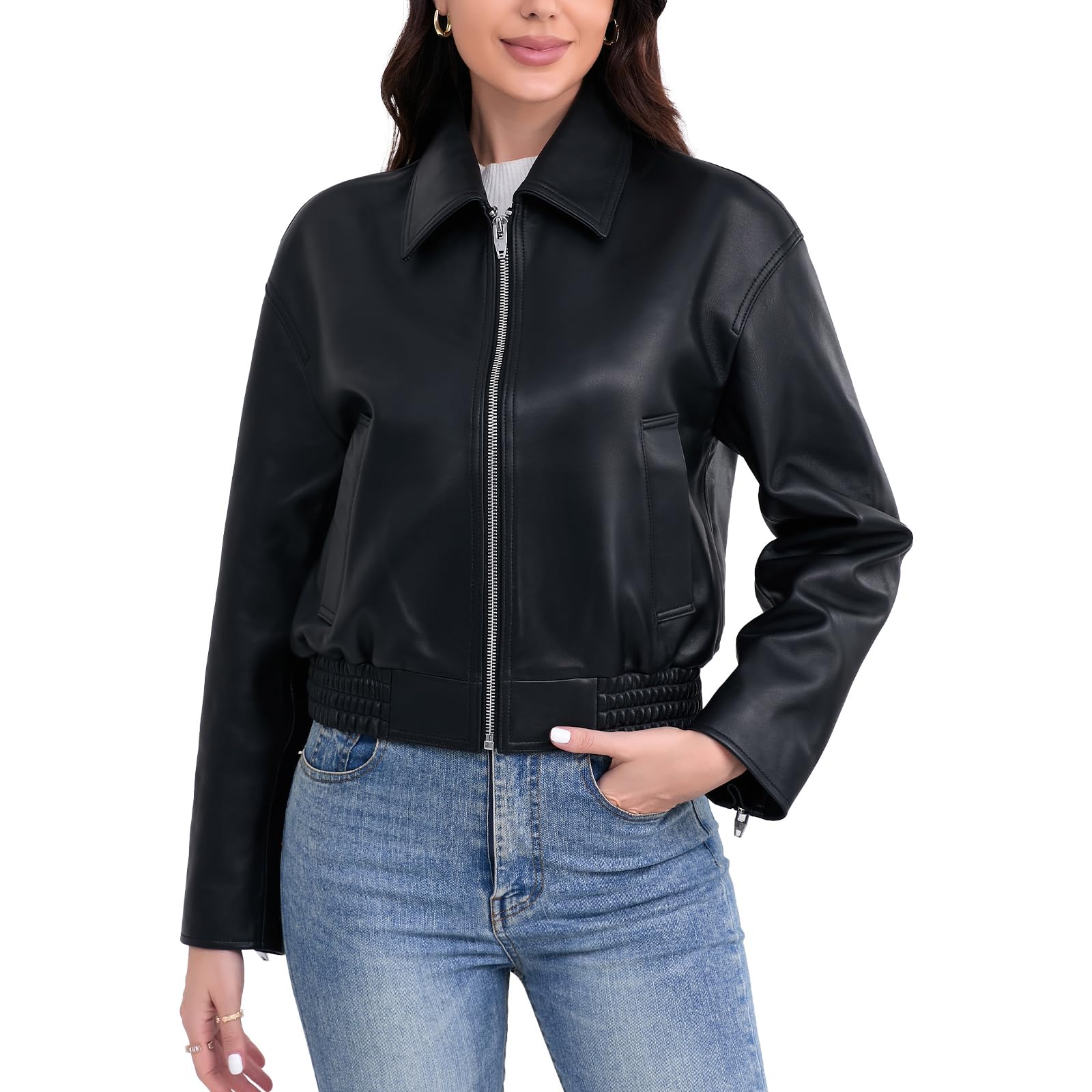 Women's Cropped Lambskin Leather Bomber Jacket with Removable Sherpa Collar - Zip Front, Elastic Hem - Stylish Outerwear for Casual Wear & Night Out