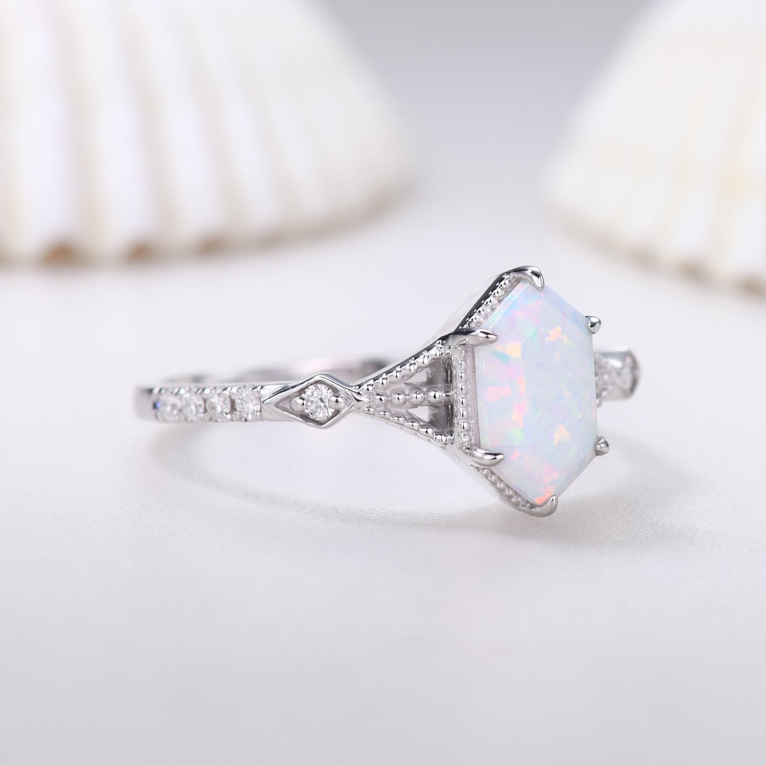 Vintage Art Deco Hexagon Cut White Opal and Diamond Engagement Ring for Women - Elegant Wedding Band, Anniversary Gift, Unique Promise Ring for Brides