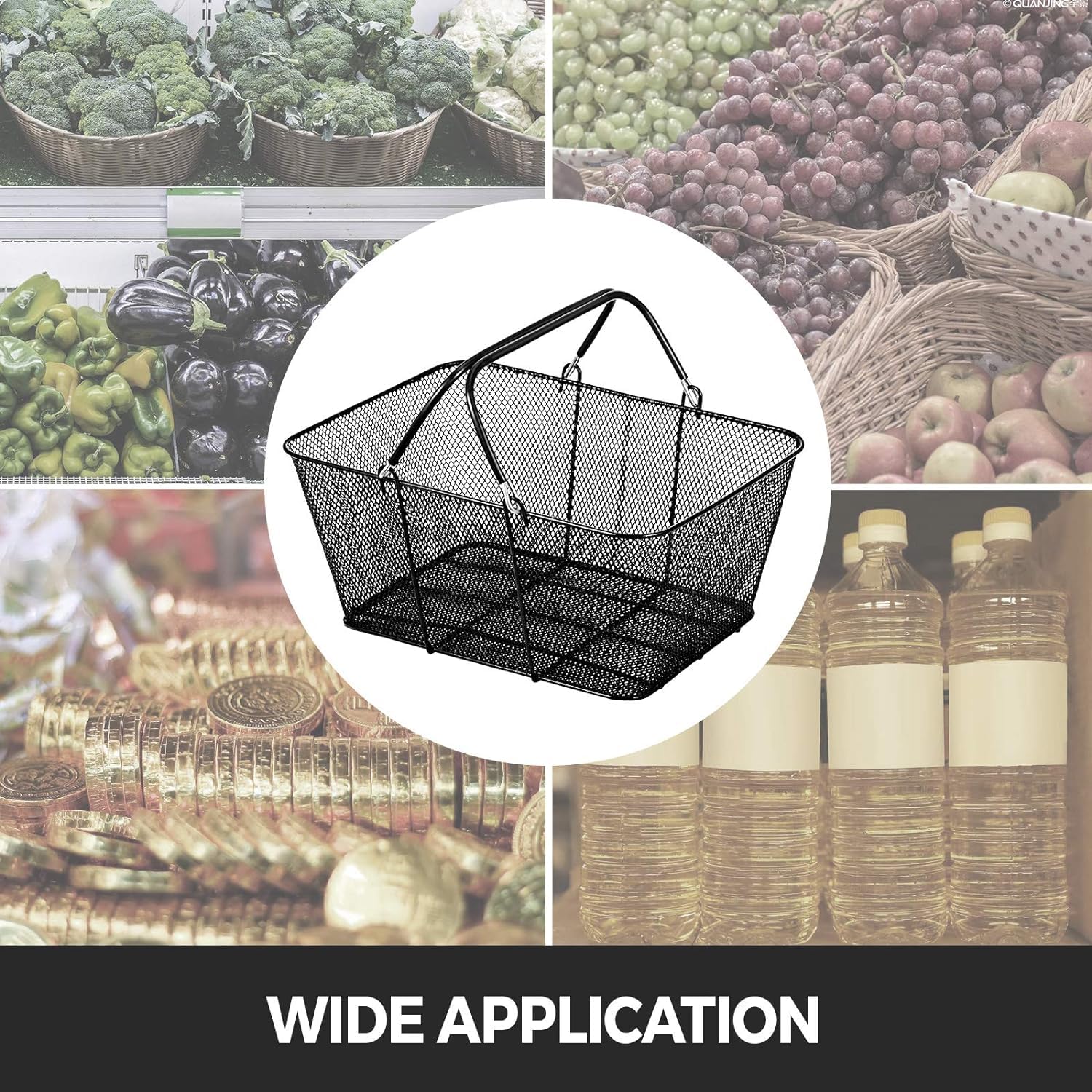 VEVOR 12-Pack Black Metal Shopping Baskets with Handles - 22L Large Capacity Portable Retail Baskets for Supermarkets, Stores & Home Organization | Durable Commercial & Household Use