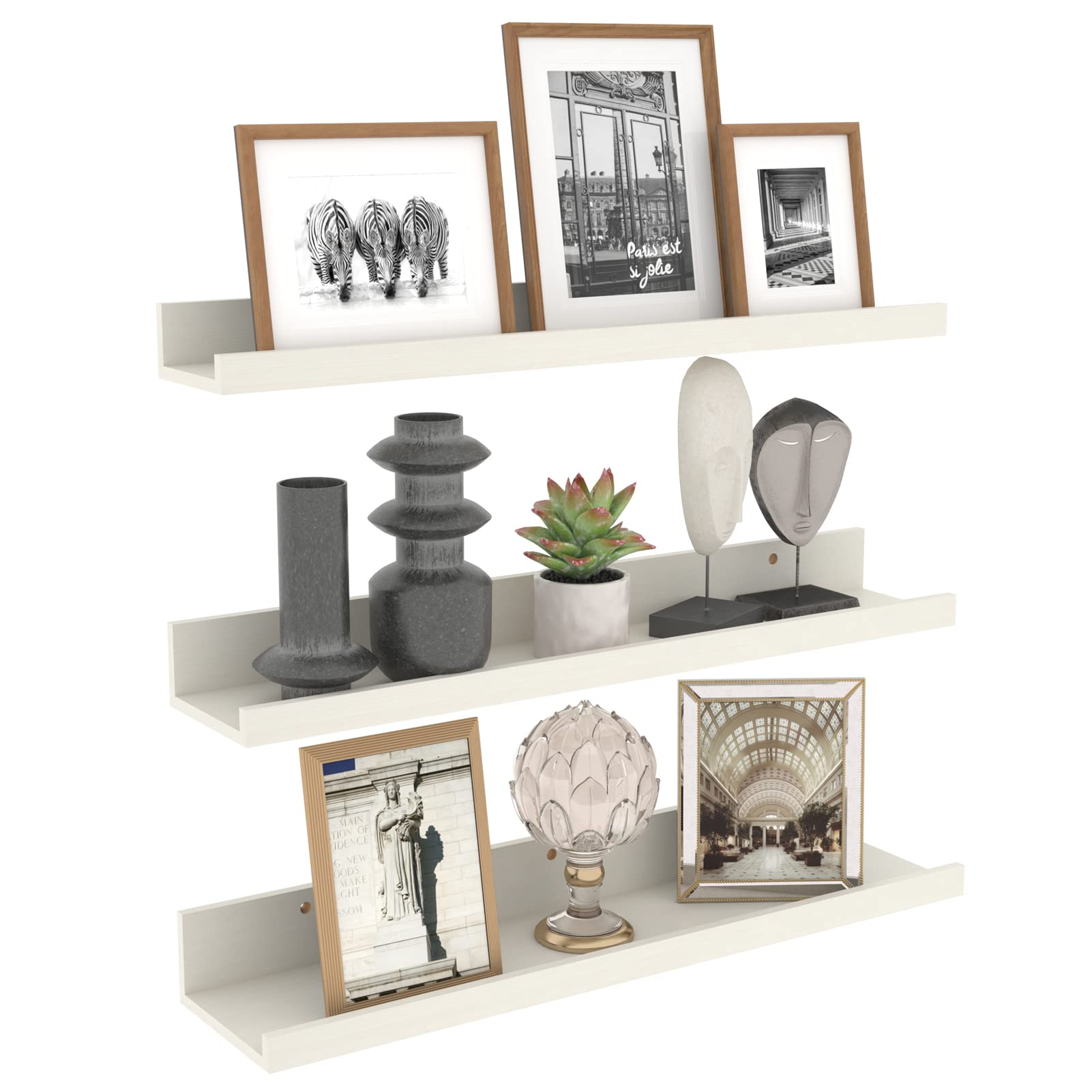 **Calenzana 24 Inch Floating Shelves Set of 3 - Rustic Wooden Wall Mounted Picture Ledge Shelf for Living Room, Bathroom, Bedroom, Kitchen & Office - Creamy White - Perfect for Displaying Photos, Books & Decor**
