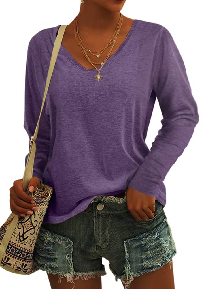 Women's V-Neck Long Sleeve T-Shirt - Solid Color Casual Tunic Top, Loose Fit Pullover Shirt for Everyday Wear, Work & Layering