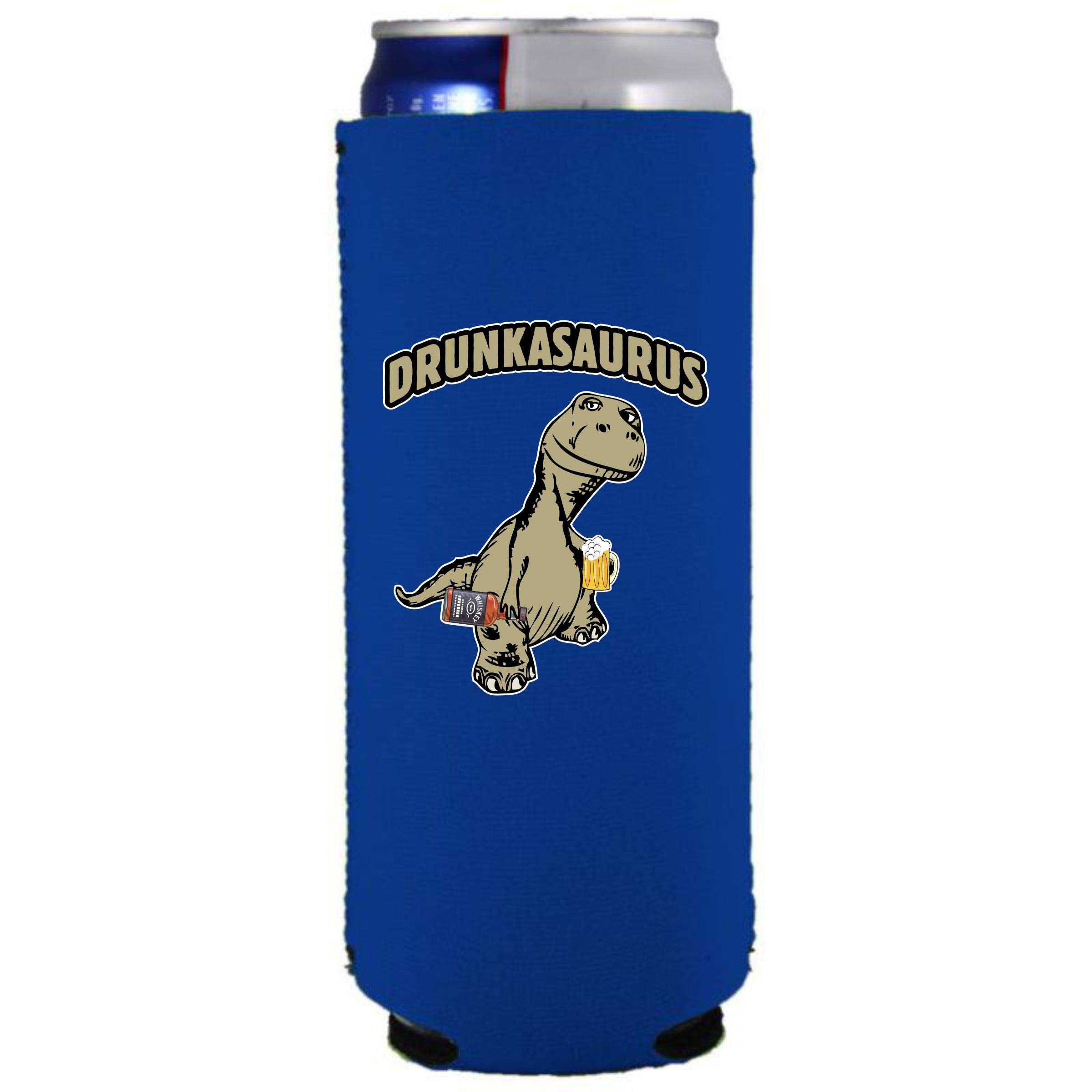 Drunkasaurus Slim Can Cooler (Royal Blue, 2 Pack) - Insulated Beer Can Holder for Camping, Tailgating & Parties - Keeps Drinks Cold for Hours