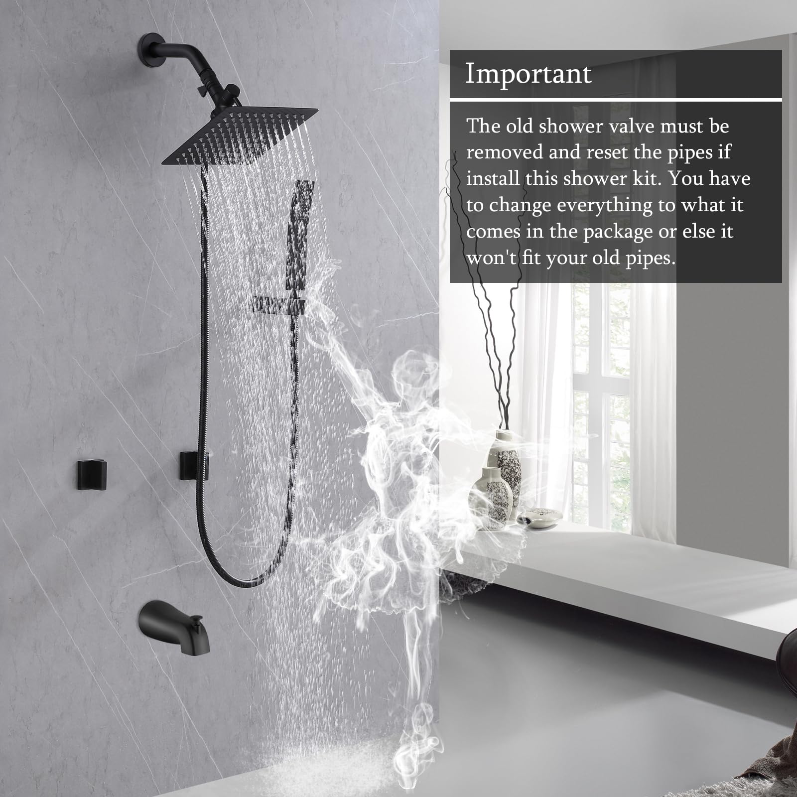 2 Handle Matte Black Shower Faucet Set with Tub Spout - Complete Bathtub Shower System Kit - Durable Brass Construction for Bathroom Remodeling & Home Upgrade